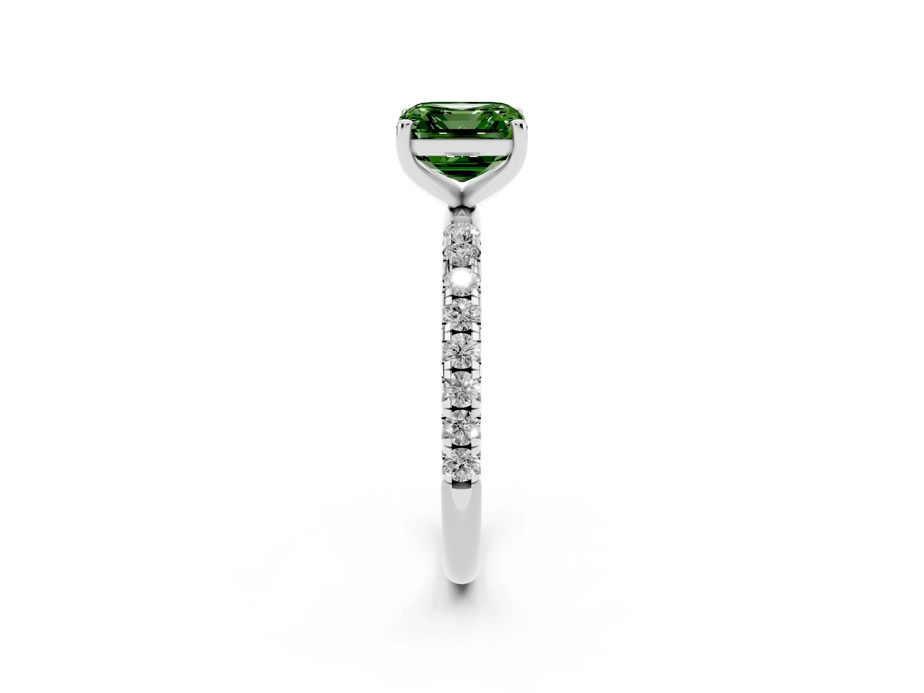 Fancy Green Asscher Cut Diamond Solitaire Ring Set in Platinum with Micro Pavé Band and Prong Setting