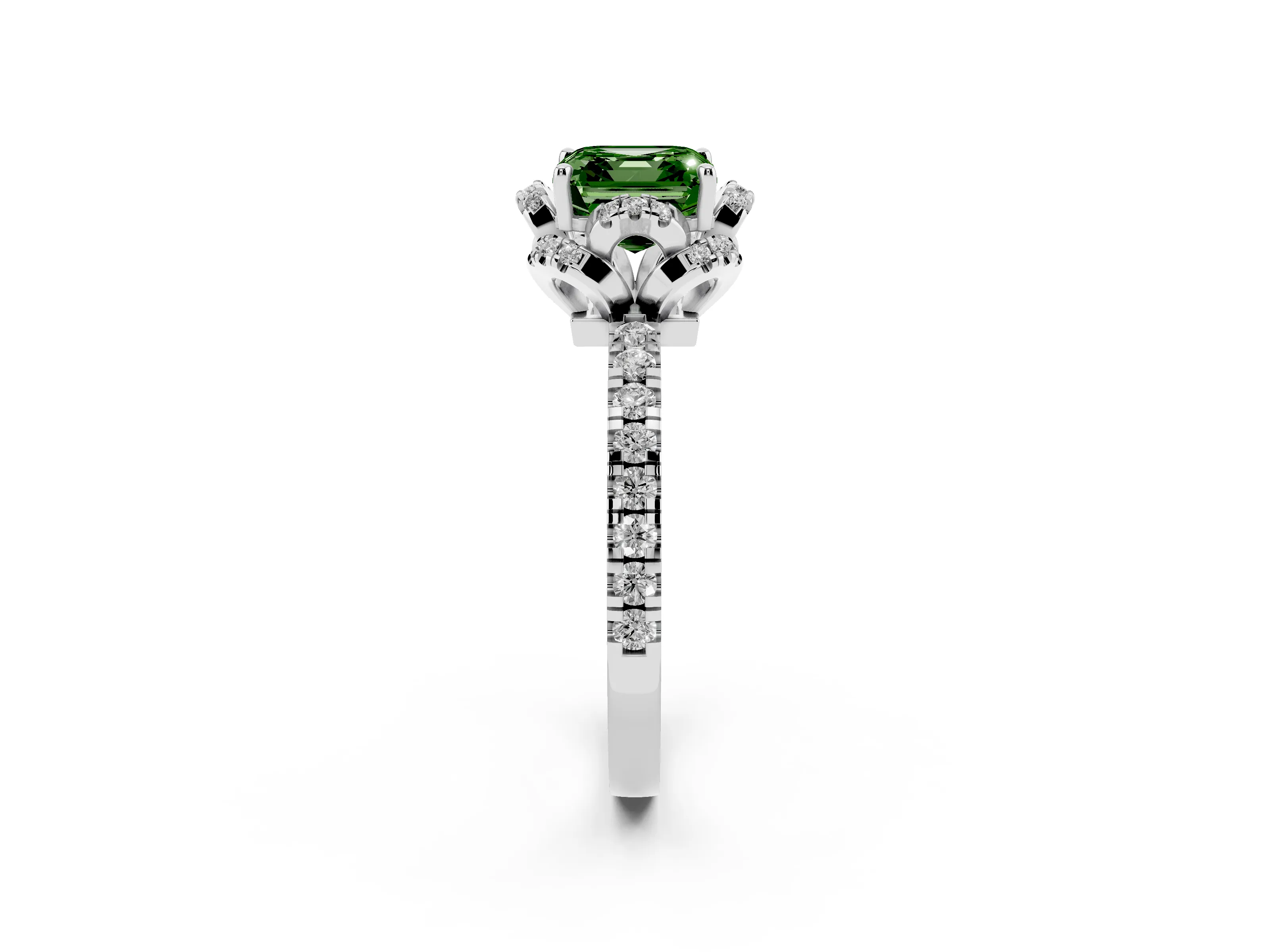 Fancy Green Asscher Cut Diamond Halo Pavé Ring Set in White gold with Prong-Held Center Stone