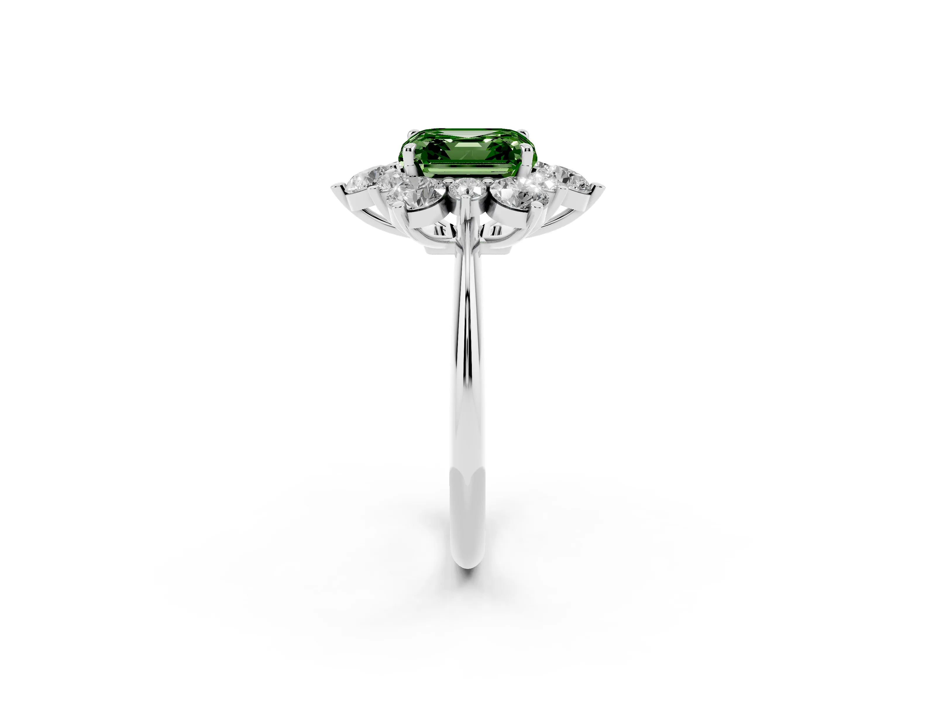 Fancy Green Asscher Cut Diamond Cluster Halo Ring Set in Silver with Solitaire Band and Prong Setting
