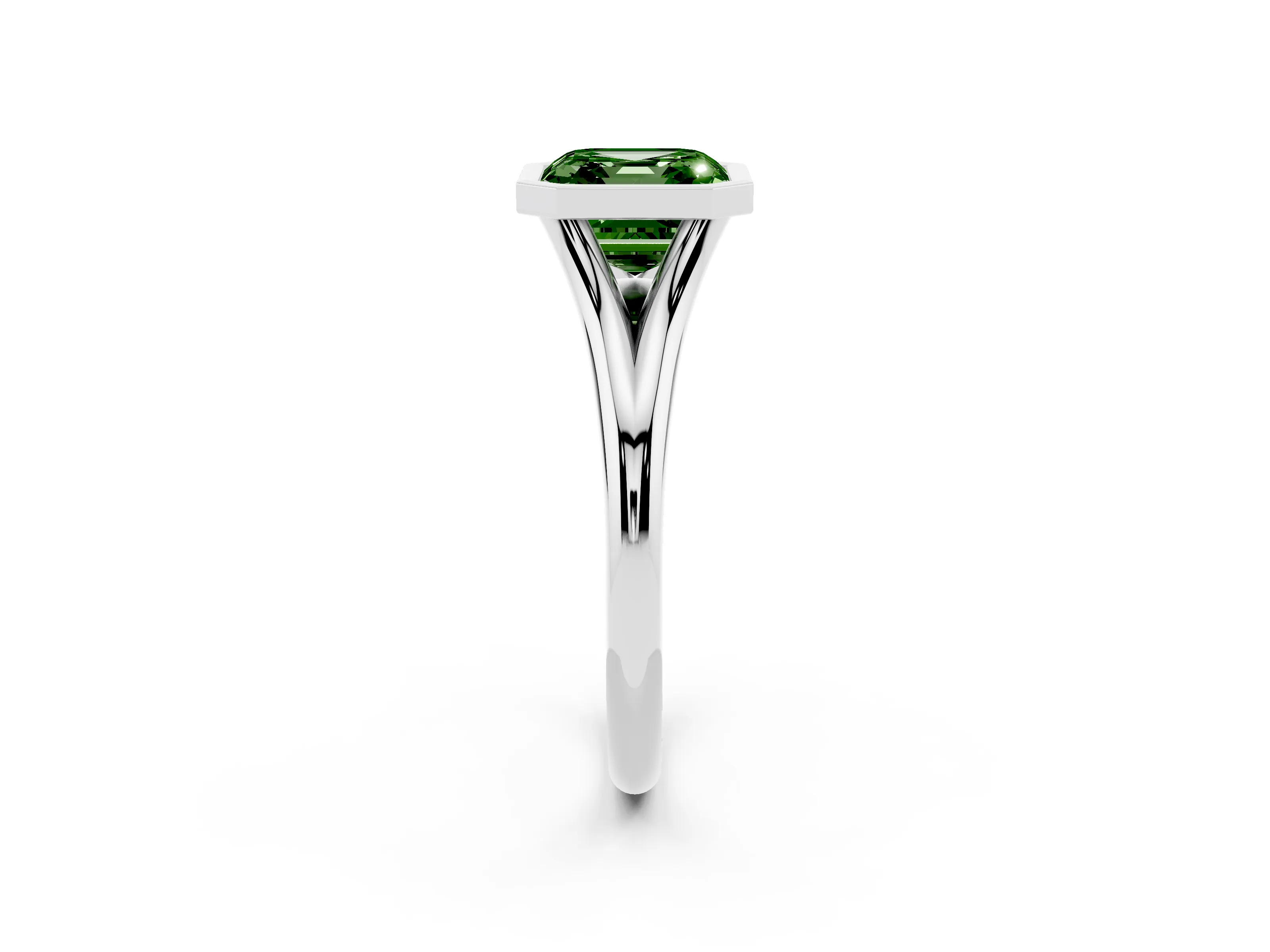 Fancy Green Bezel Set Asscher Cut Diamond Solitaire Ring Set in White gold with Tapered Band