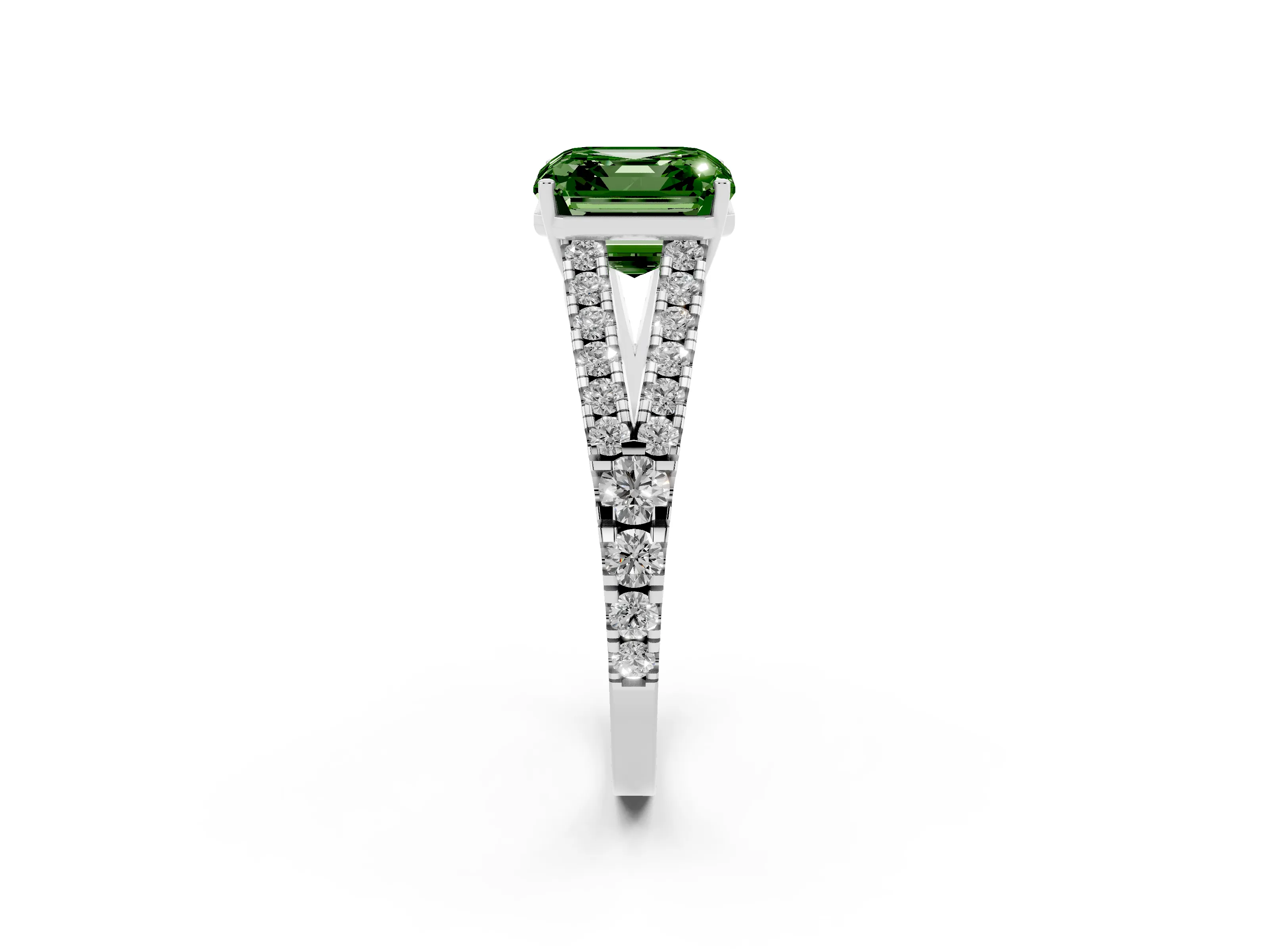 Fancy Green Asscher Cut Diamond Split Shank Pavé Engagement Ring Set in Silver with Prong-Held Center Stone