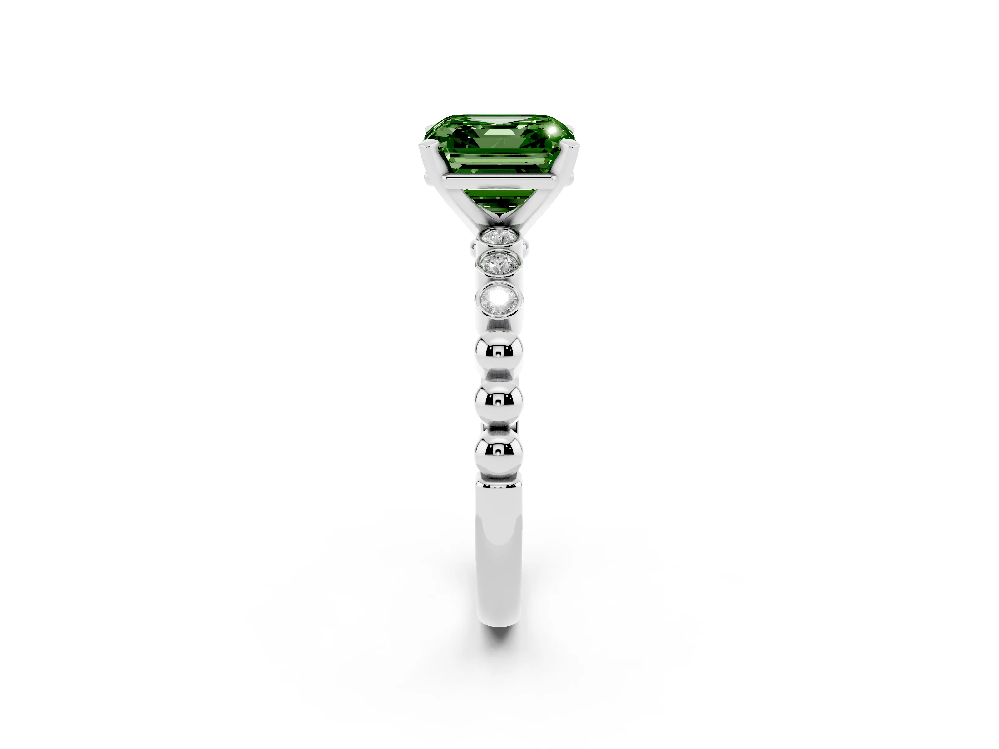 Fancy Green Asscher Cut Diamond Solitaire Engagement Ring Set in White gold with Bezel Accents on Beaded Band