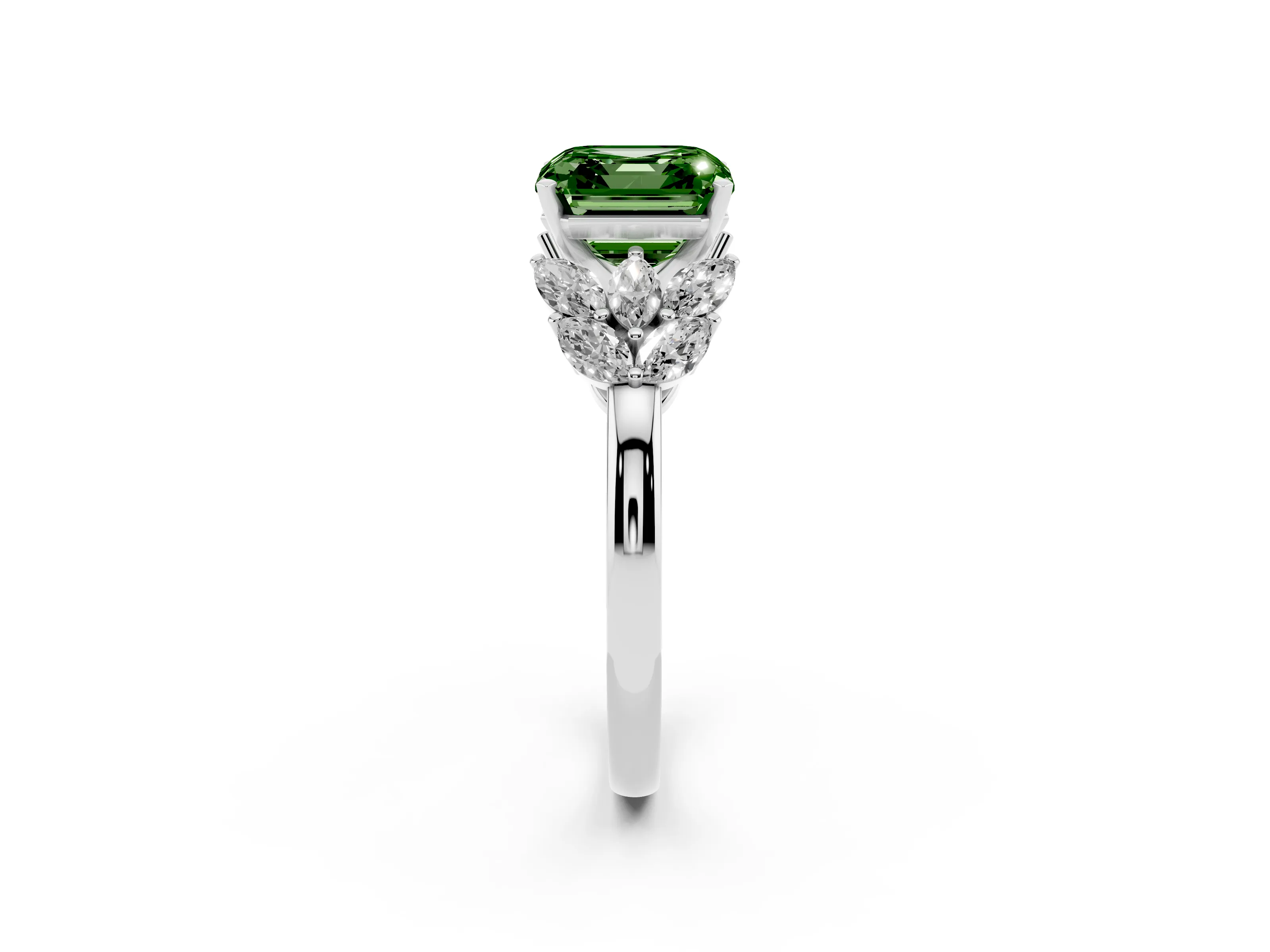 Fancy Green Asscher Cut Diamond Cluster Leaf Design Ring Set in White gold with Prong Setting