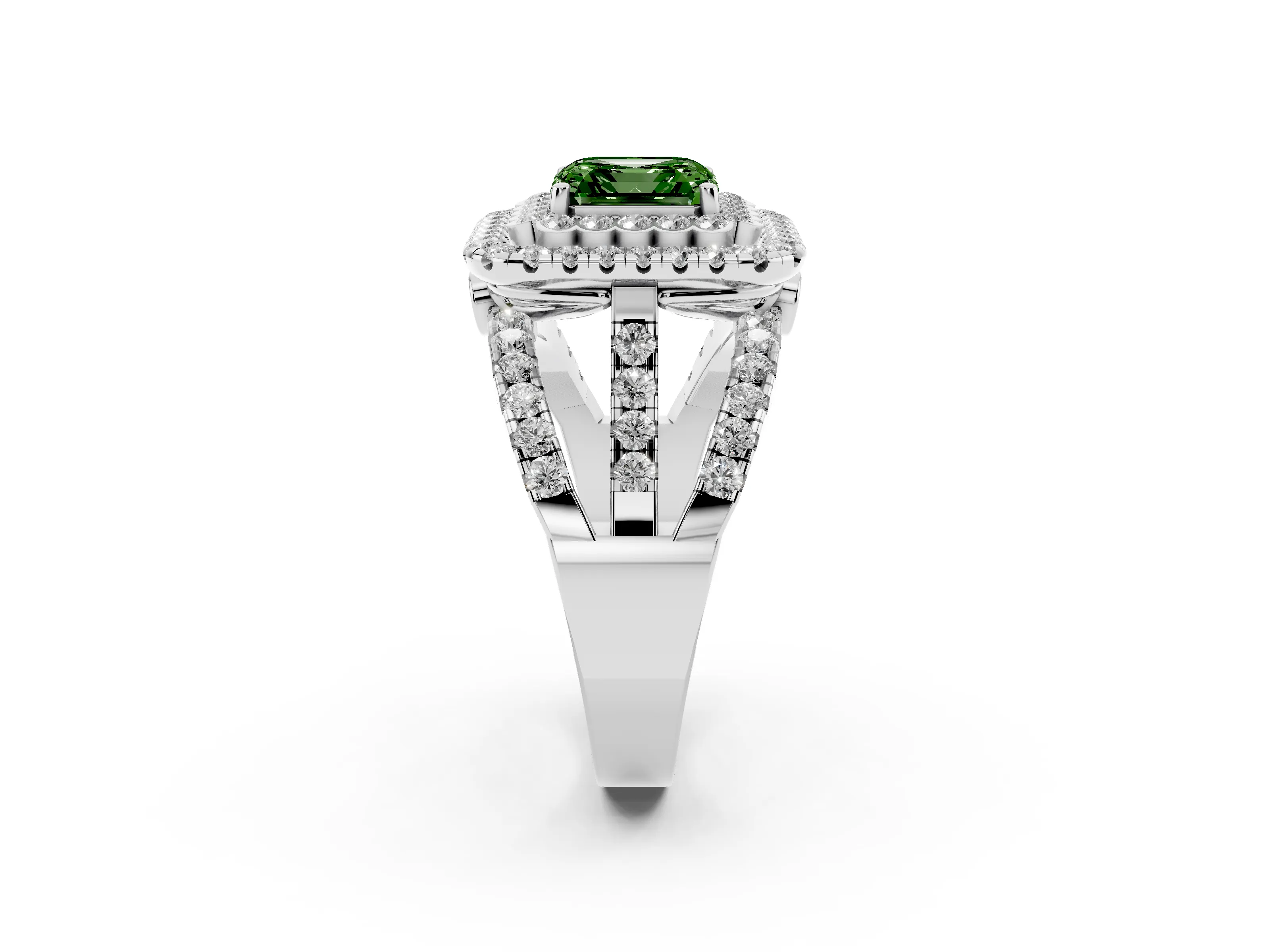 Fancy Green Asscher Cut Diamond Double Halo Ring Set in White gold with Round Pavé Split Shank