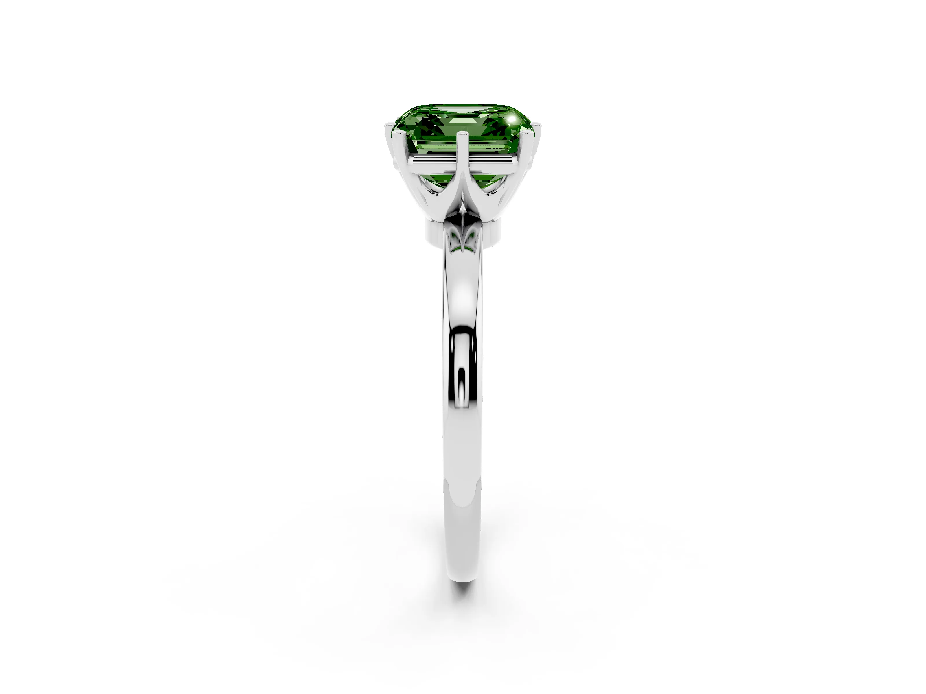 Fancy Green Asscher Cut Diamond Solitaire Ring Set in White gold with Raised Prong Setting on a Classic Band