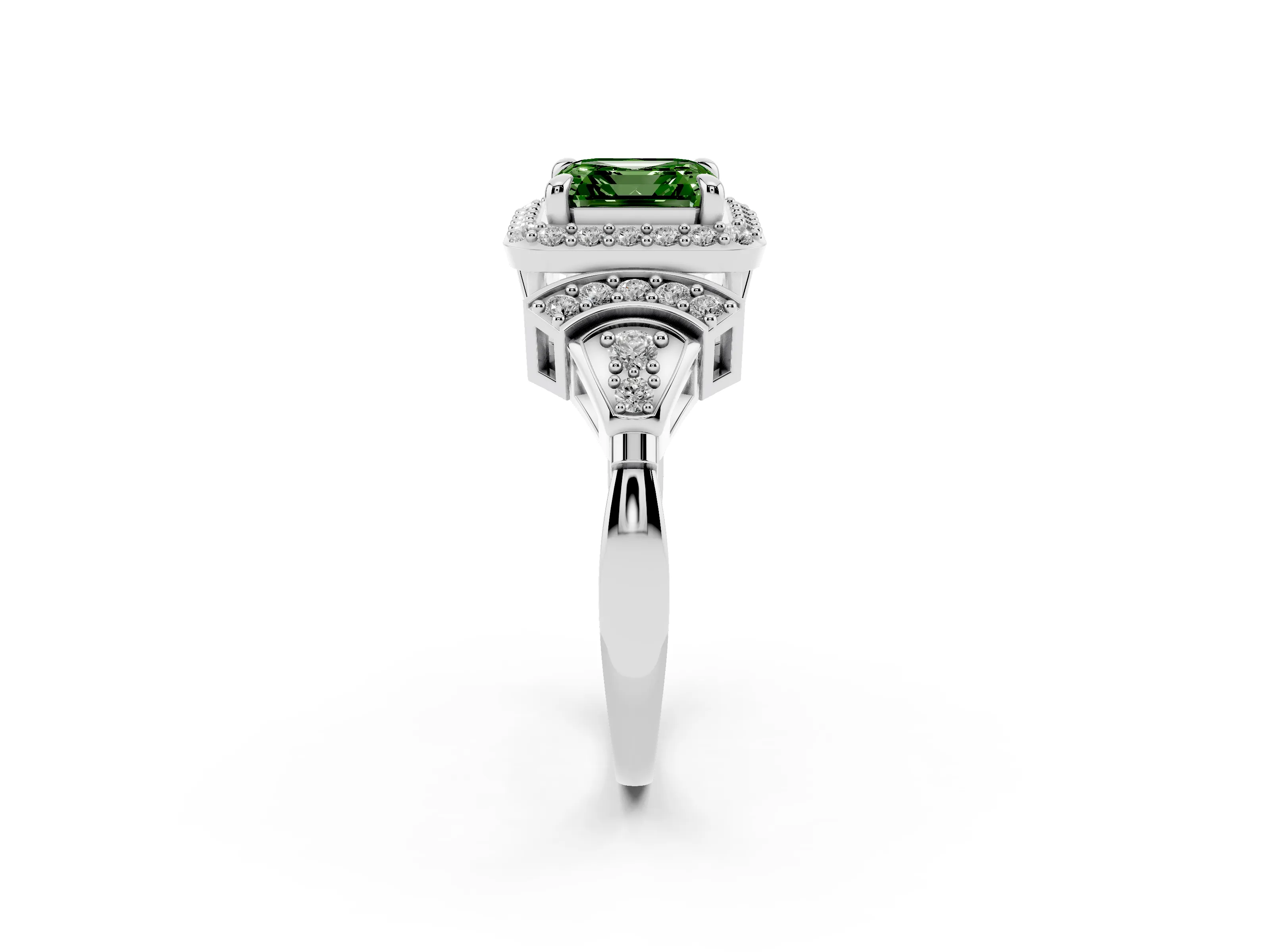 Fancy Green Asscher Cut Diamond Halo Engagement Ring Set in White gold with Accent Stone Split Shank