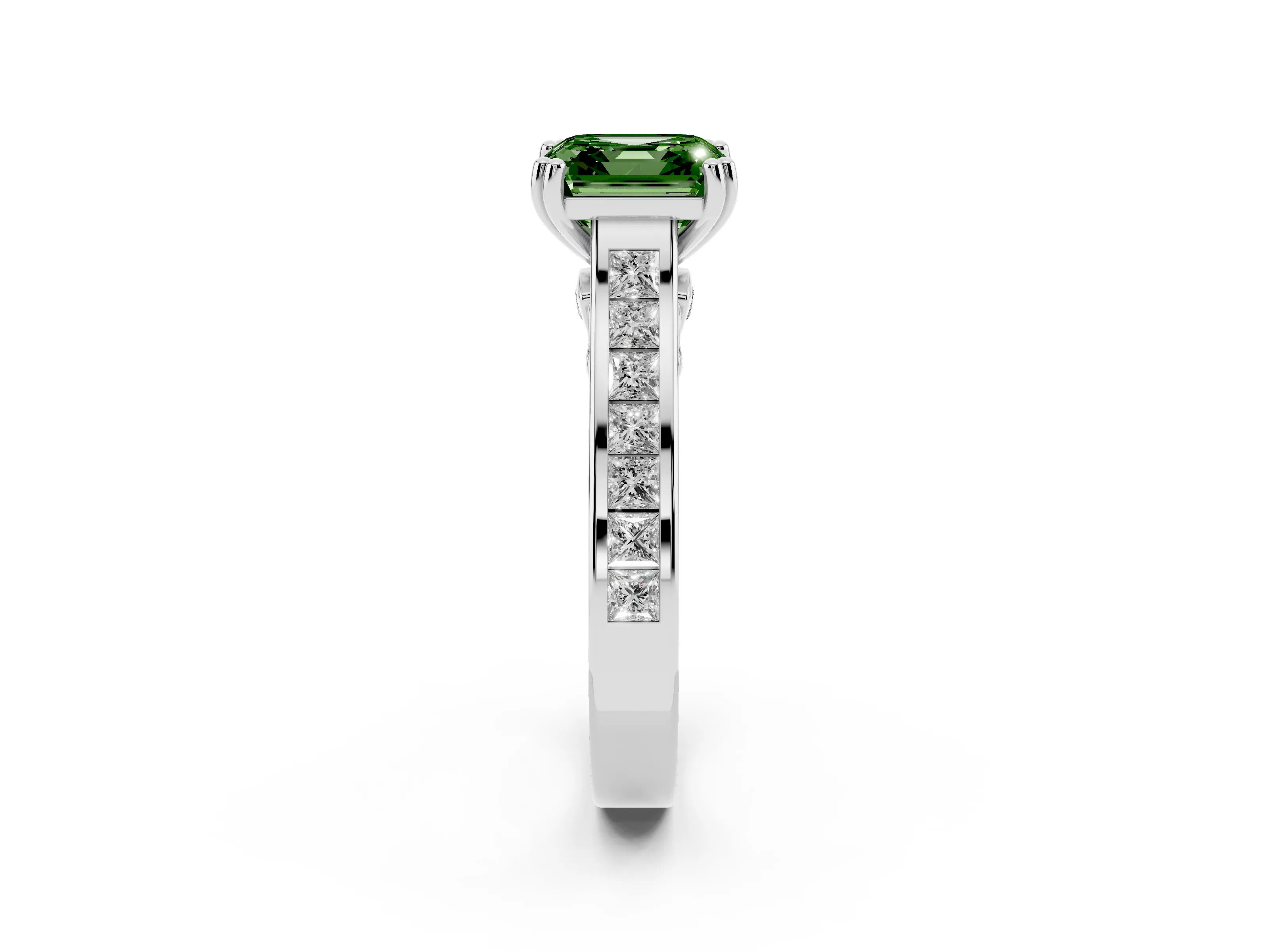 Fancy Green Asscher Cut Diamond Channel Set Solitaire Engagement Ring Set in White gold with Prong Setting