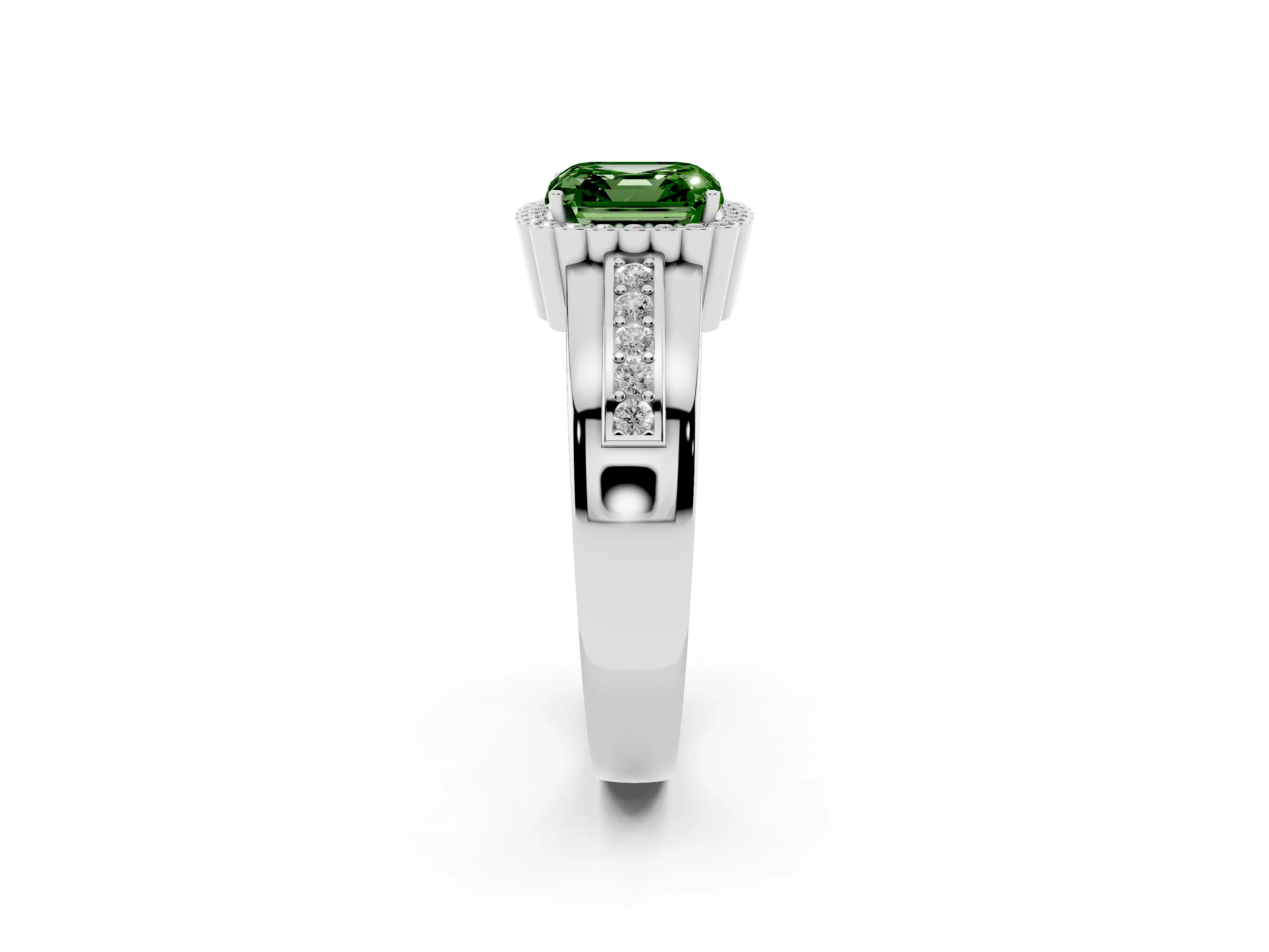 Fancy Green Asscher Cut Diamond Halo Prong Ring Set in Platinum with Pavé Band