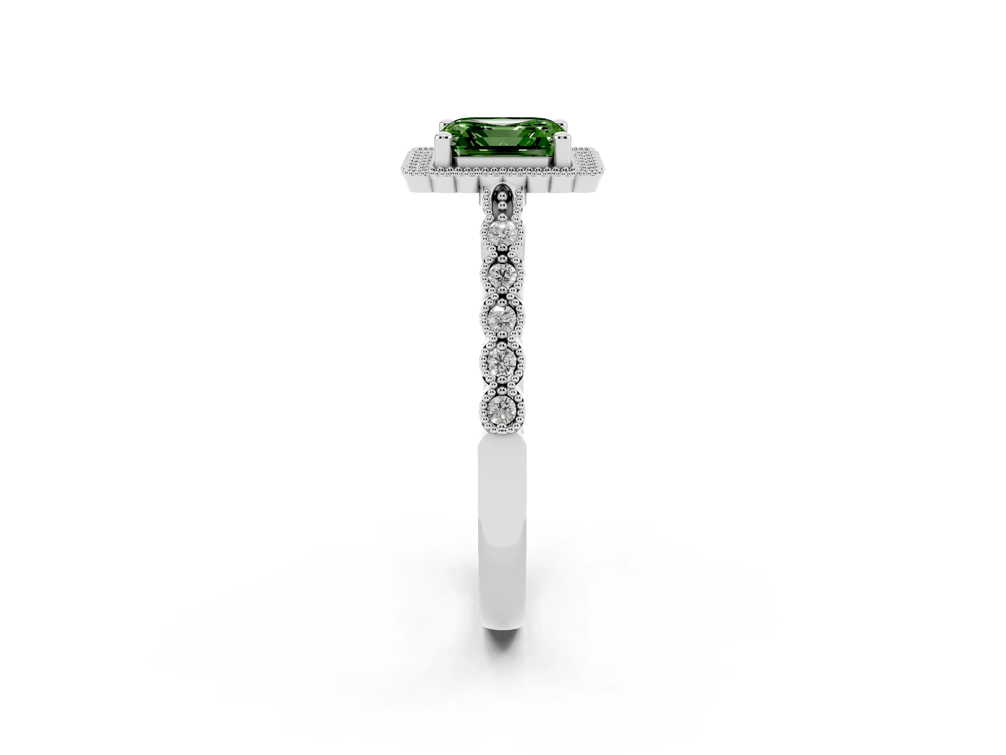 Fancy Green Asscher Cut Diamond Halo Ring Set in Platinum with Pavé Milgrain Band