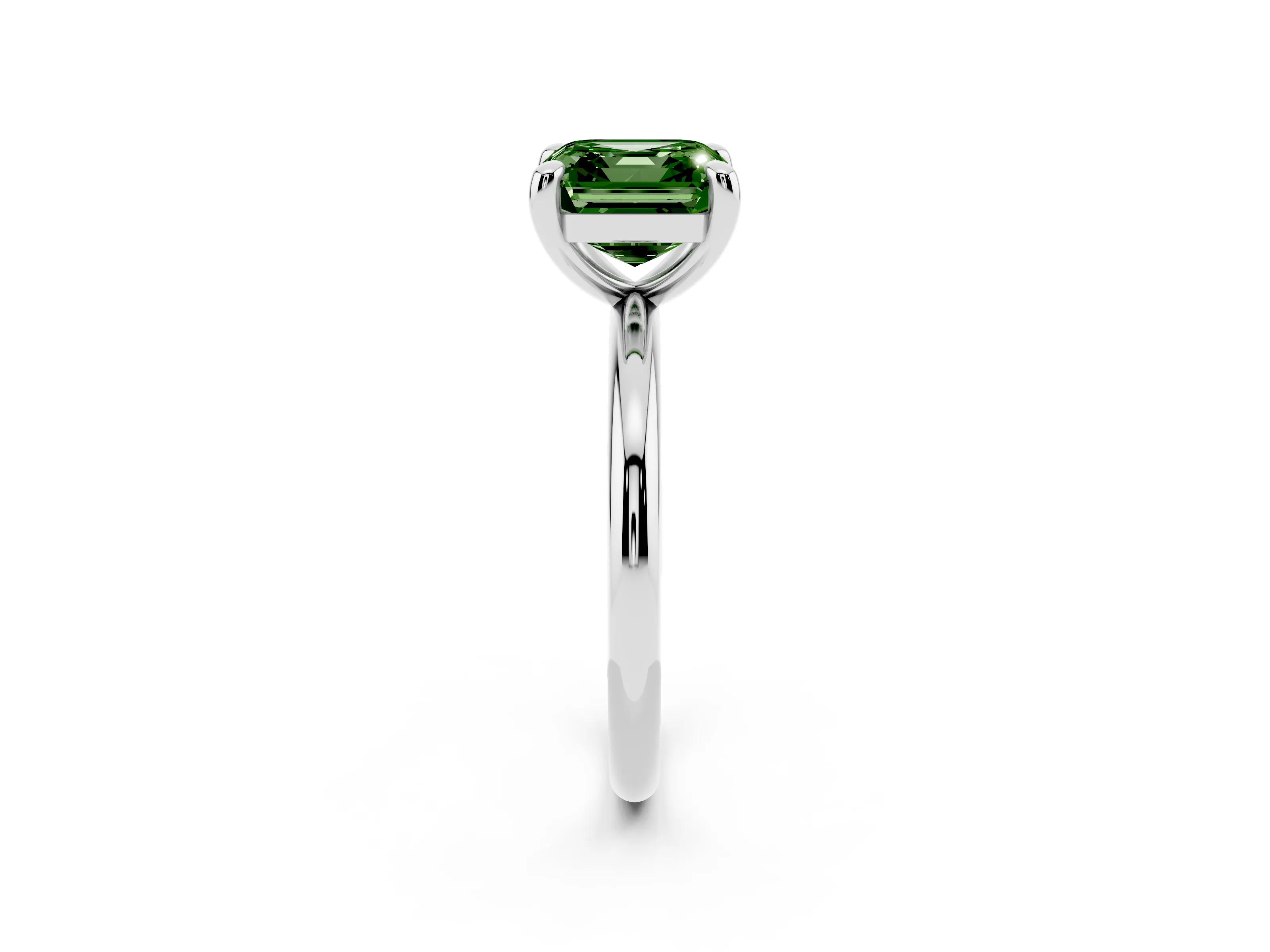 Fancy Green Asscher Cut Diamond Solitaire Ring Set in White gold with Prong Setting on a Polished Plain Band