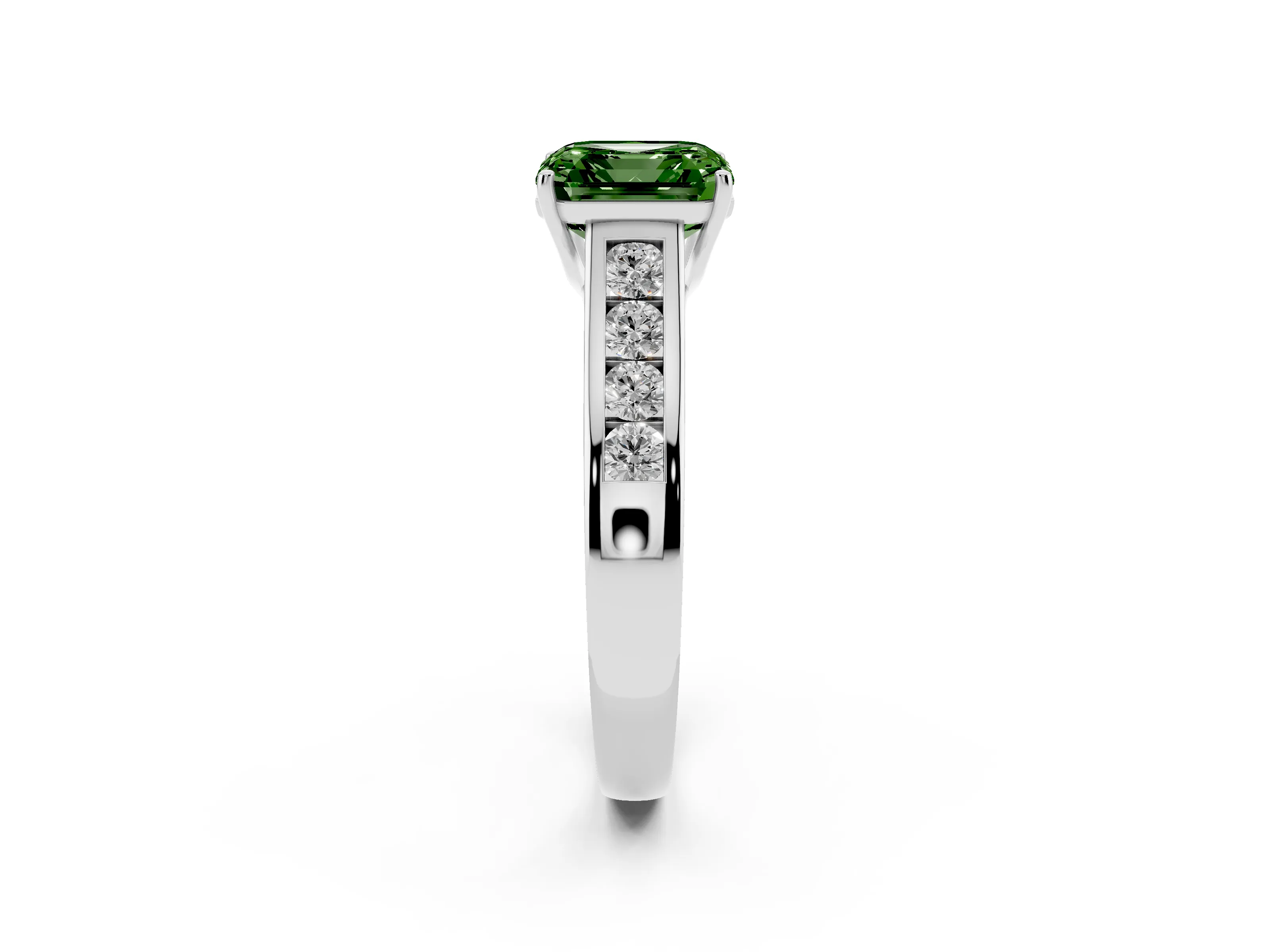 Fancy Green Asscher Cut Diamond Brilliant Channel-Set Solitaire Ring Set in White gold with Prong Setting