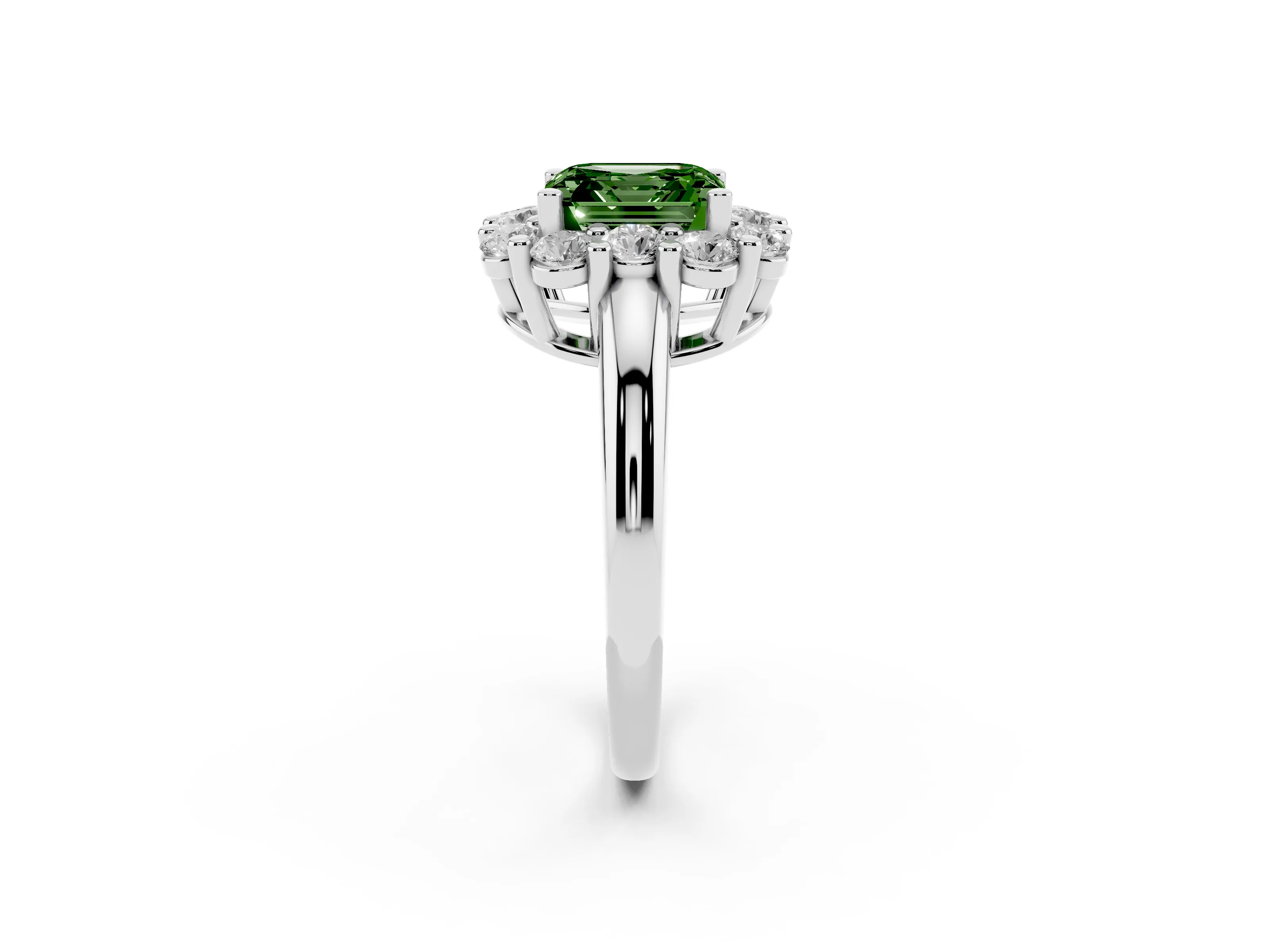 Fancy Green Asscher Cut Diamond Halo Cluster Engagement Ring Set in White gold with Polished Band and Prong Setting