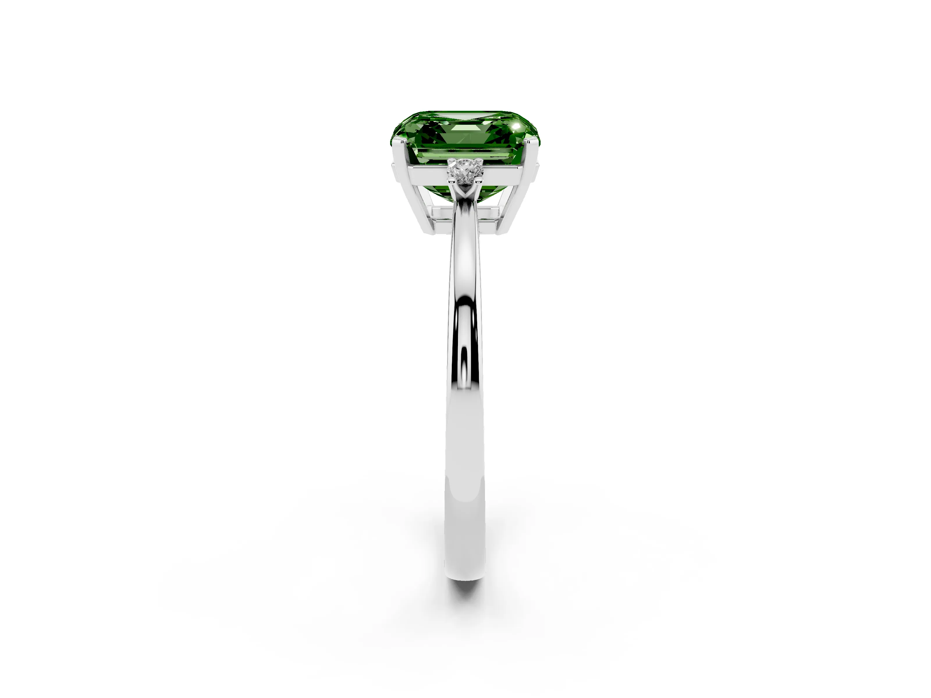 Fancy Green Three-Stone Asscher Cut Diamond Solitaire Ring Set in White gold with Round Accent Stones and Prong Setting