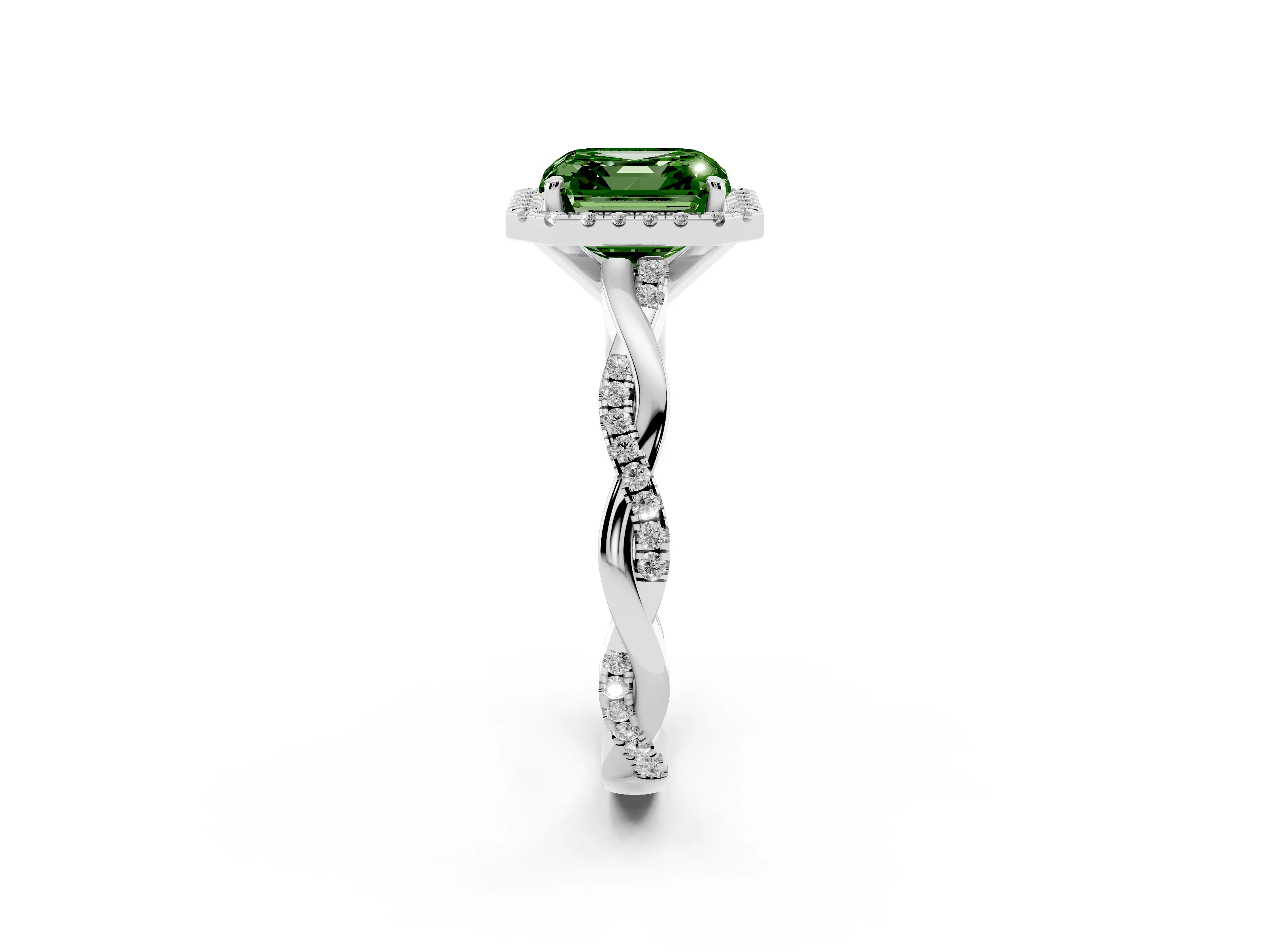 Fancy Green Asscher Cut Diamond Halo Twisted Band Ring Set in White gold with Prong Setting