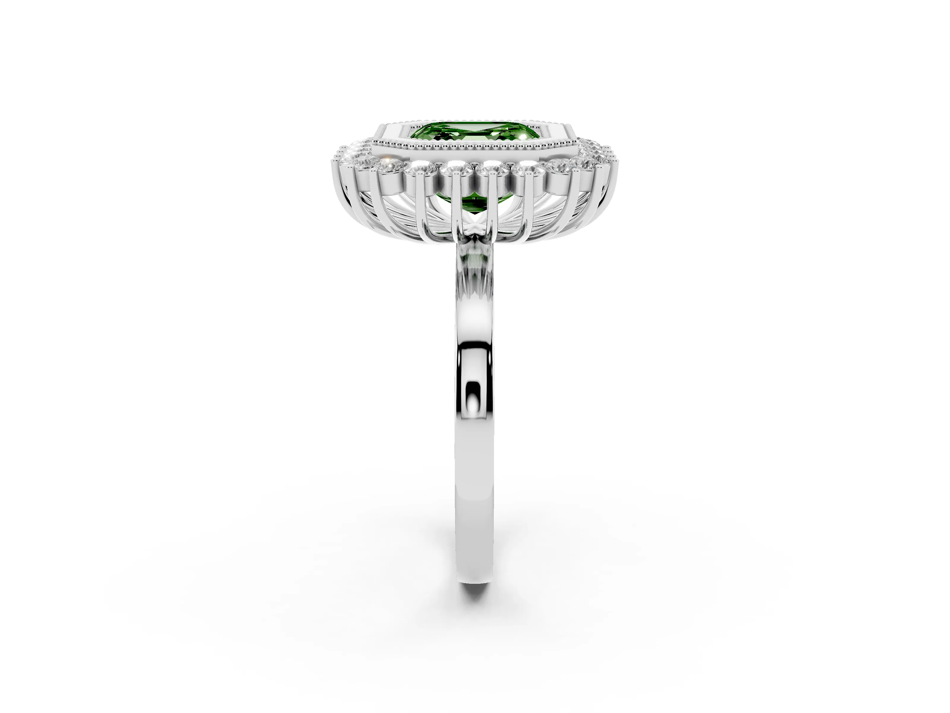 Fancy Green Asscher Cut Diamond Halo Ring Set in Silver with Milgrain Edge and Round Prong Setting