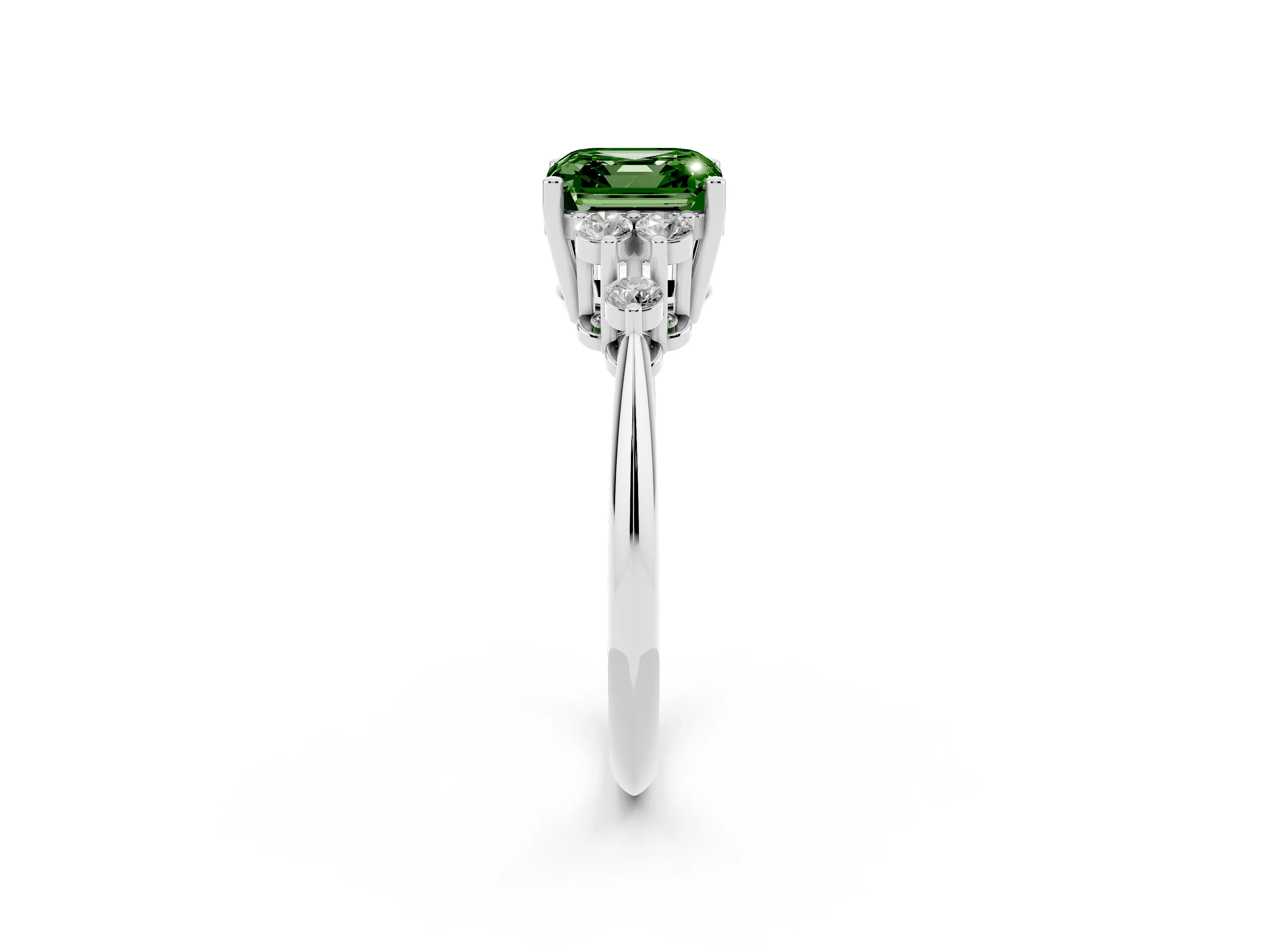 Fancy Green Asscher Cut Diamond Cluster Ring Set in White gold with Plain Band and Prong Setting