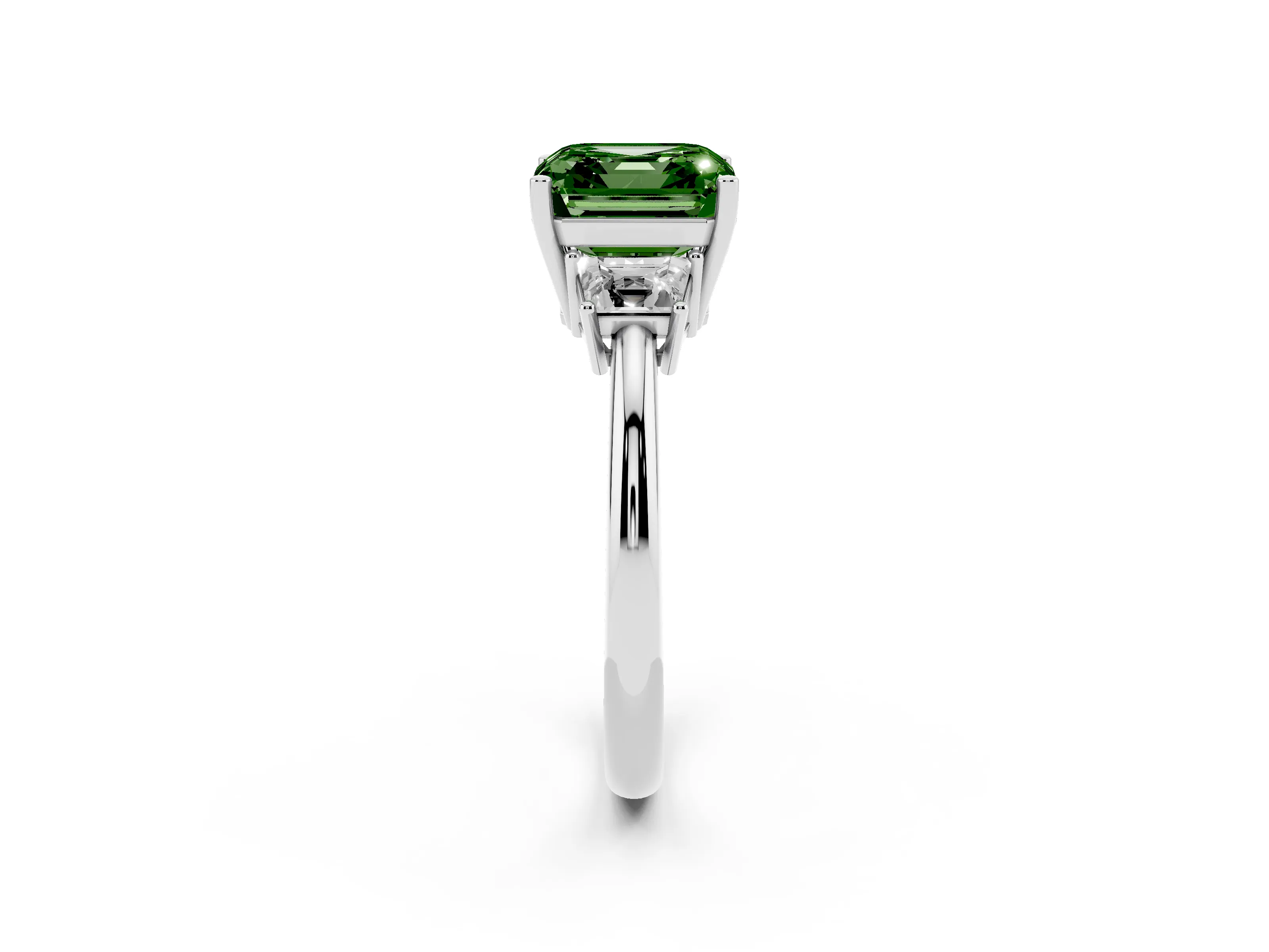 Fancy Green Asscher Cut Diamond Three-Stone Ring Set in Silver with Trapezoid Side Stones and Prong Setting