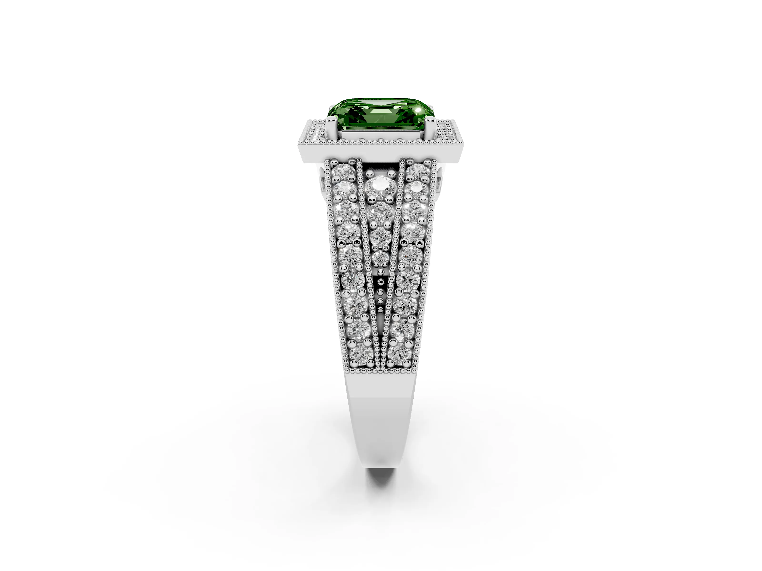 Fancy Green Asscher Cut Diamond Halo Ring Set in Silver with Accent Split Shank and Prong Setting