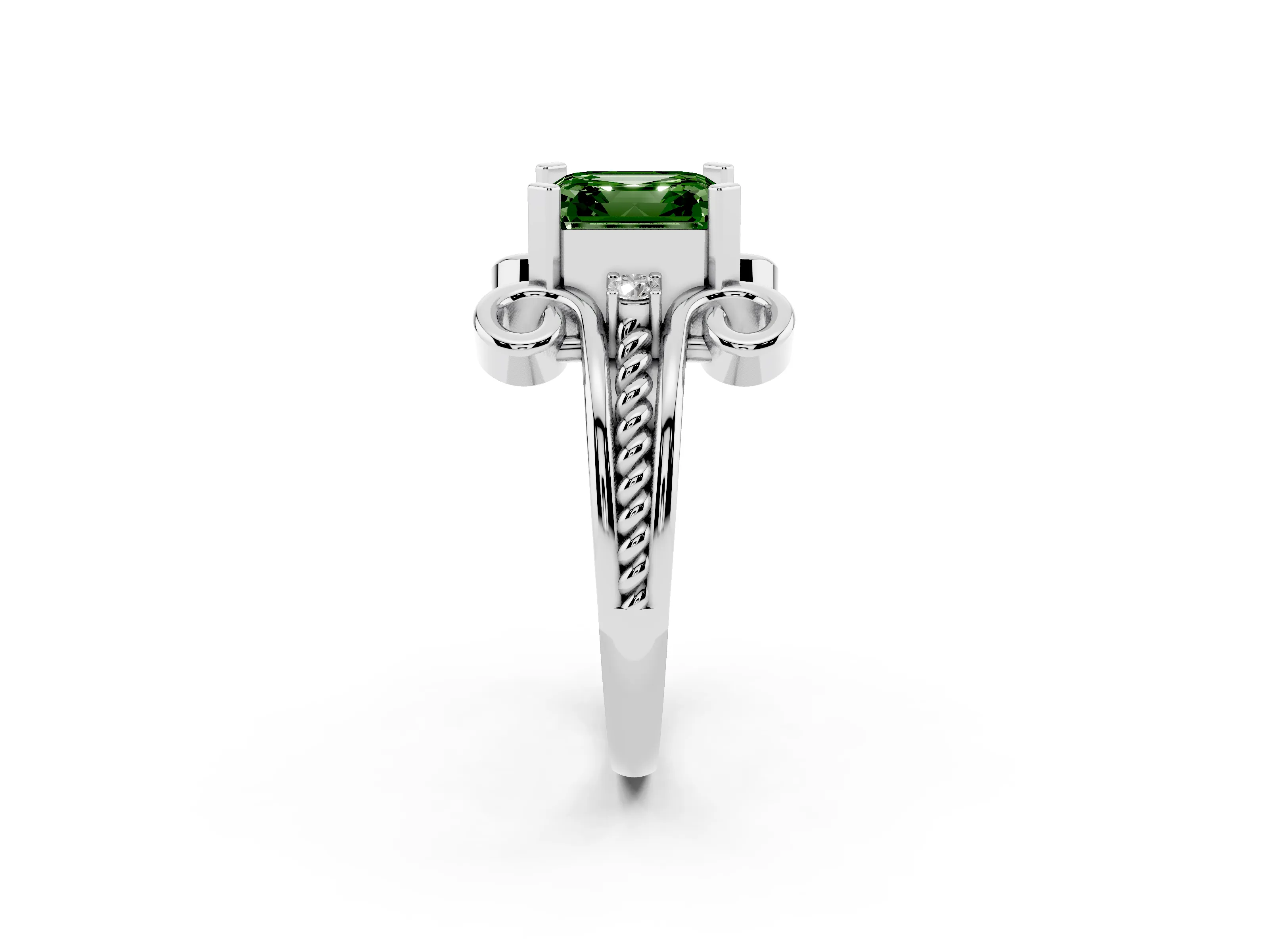 Fancy Green Asscher Cut Diamond Twisted Band Solitaire Ring Set in Platinum with Scroll Prongs