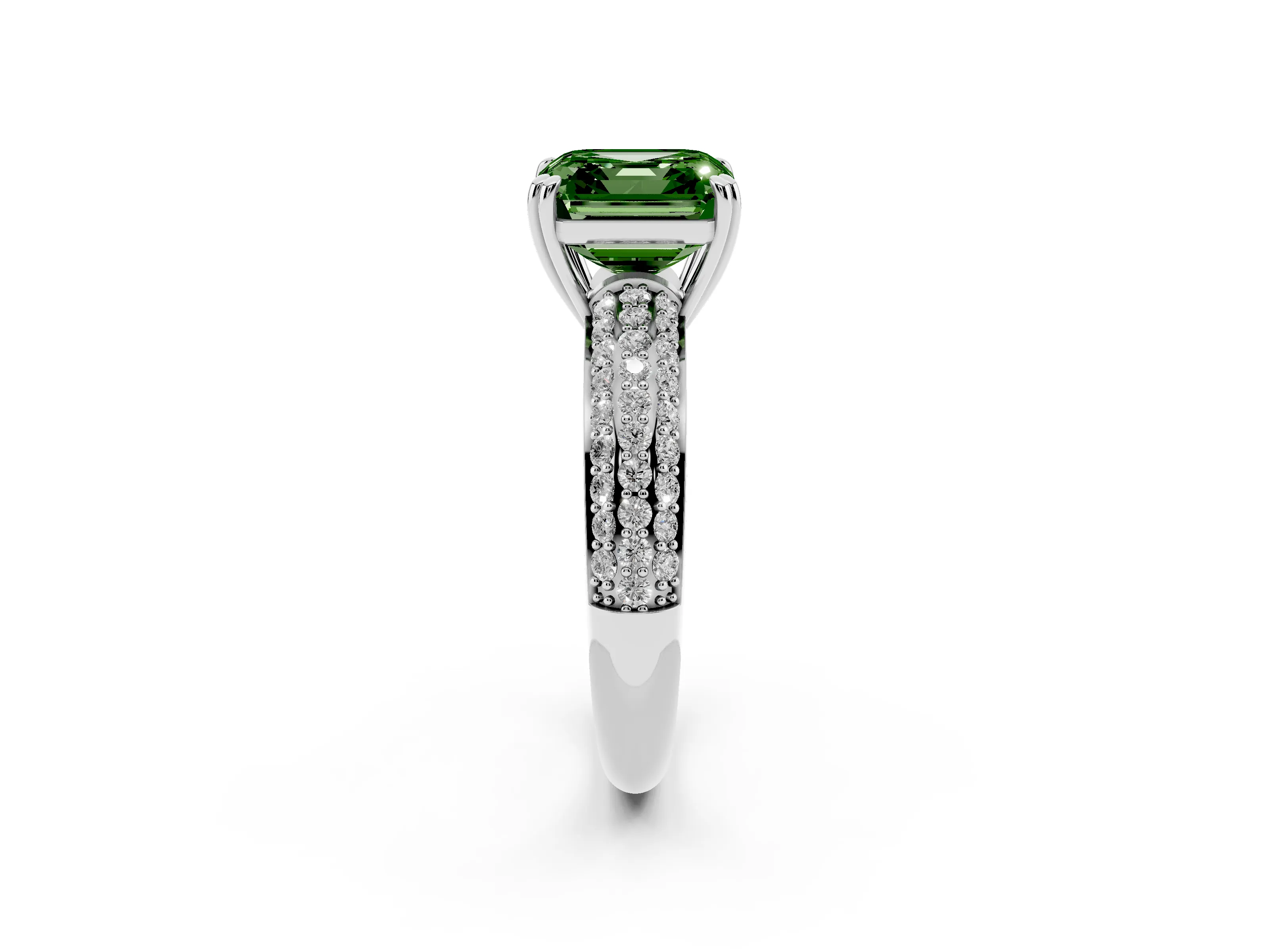 Fancy Green Asscher Cut Diamond Solitaire Ring Set in Platinum with Multi-Row Round Pavé Band and Prong Setting