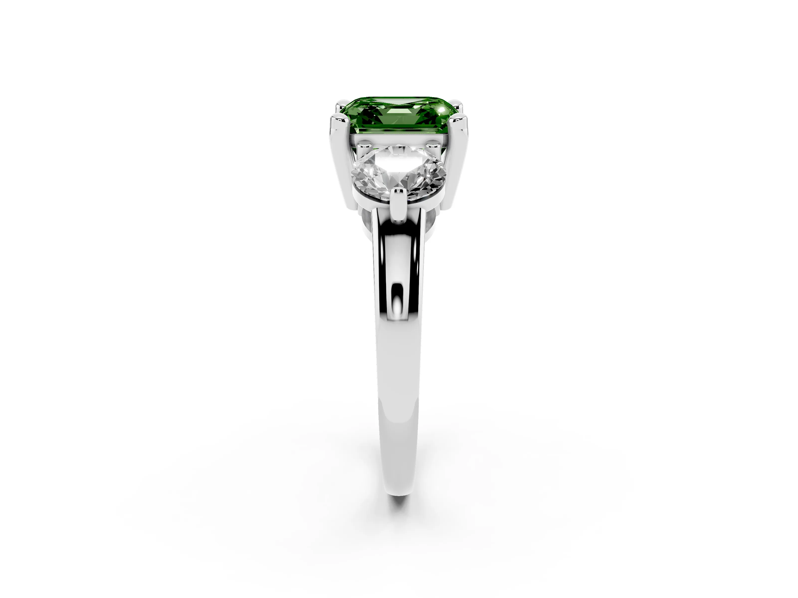 Fancy Green Asscher Cut Diamond Three-Stone Ring Set in White gold with Prong Setting and Classic Band
