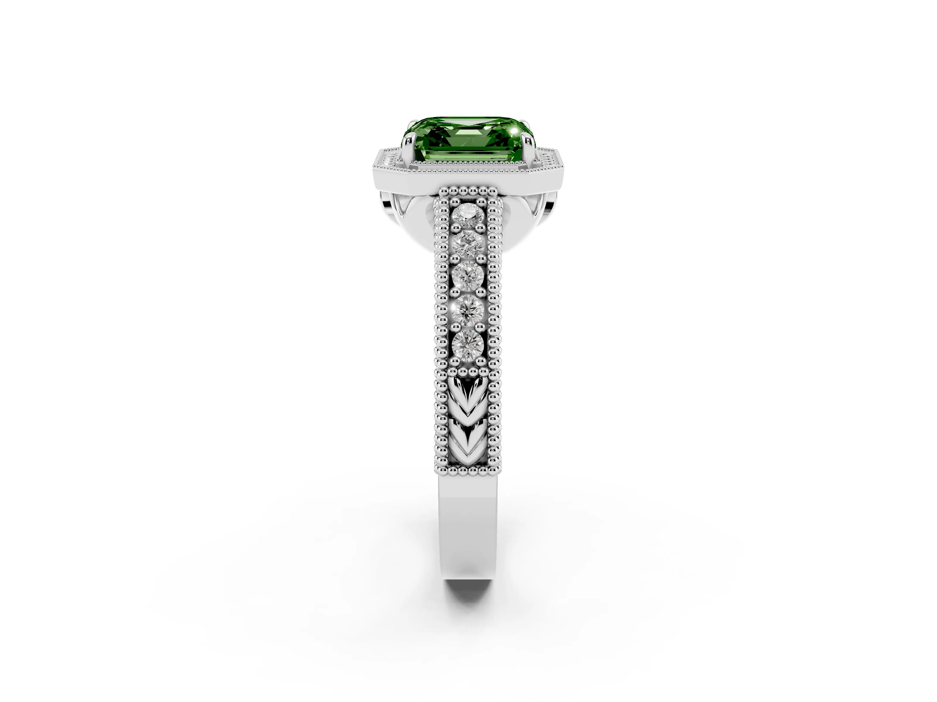 Fancy Green Asscher Cut Diamond Halo Ring Set in White gold with Round Accent Halo, Pavé Band and Prong Setting