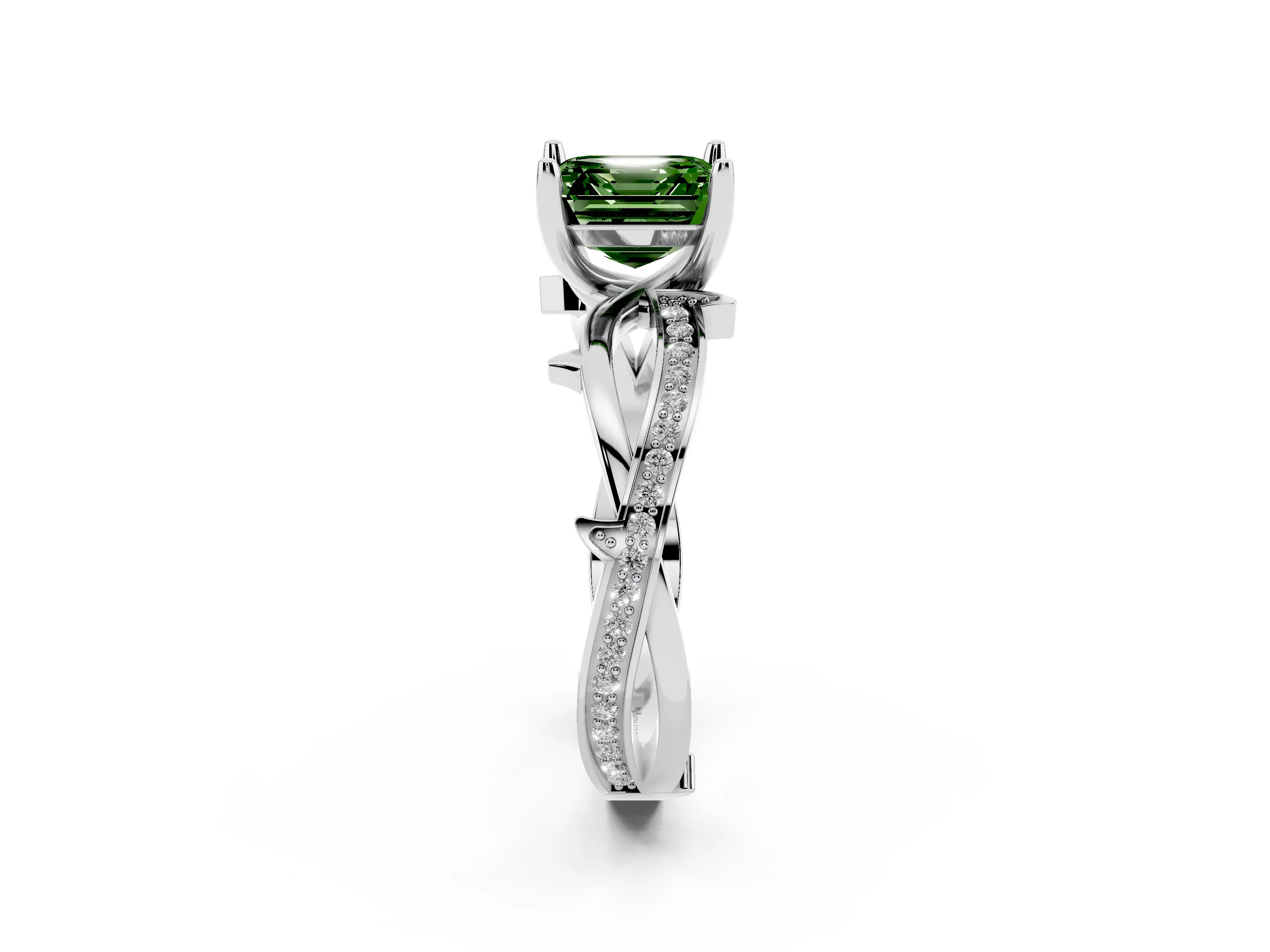 Fancy Green Asscher Cut Diamond Pavé Twist Band Solitaire Ring Set in Silver with Prong Setting