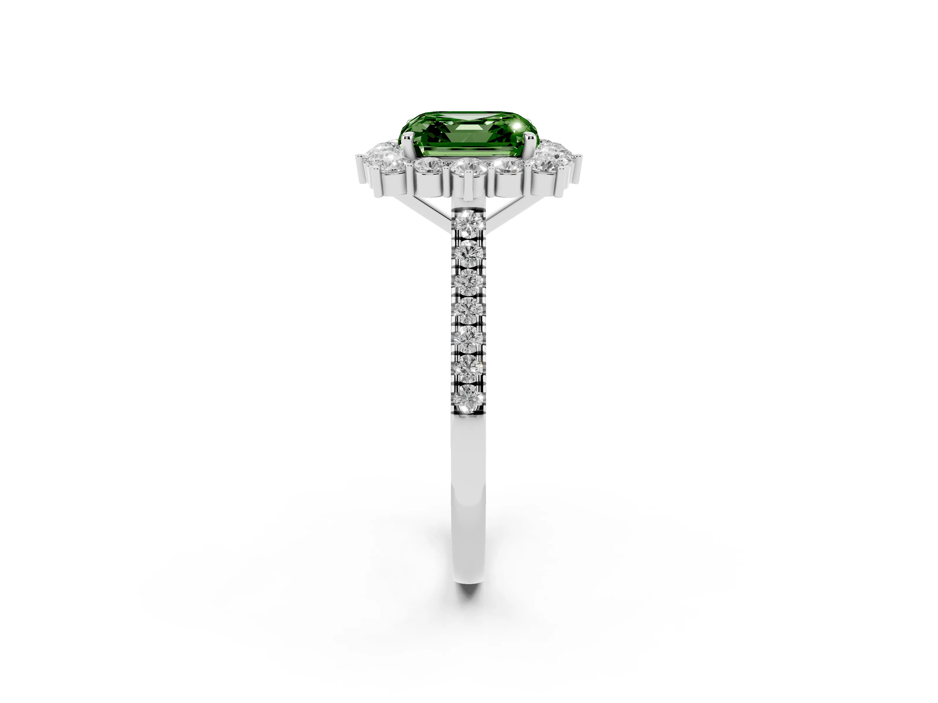 Fancy Green Asscher Cut Diamond Halo Ring Set in Silver with Pavé Band and Prong Setting