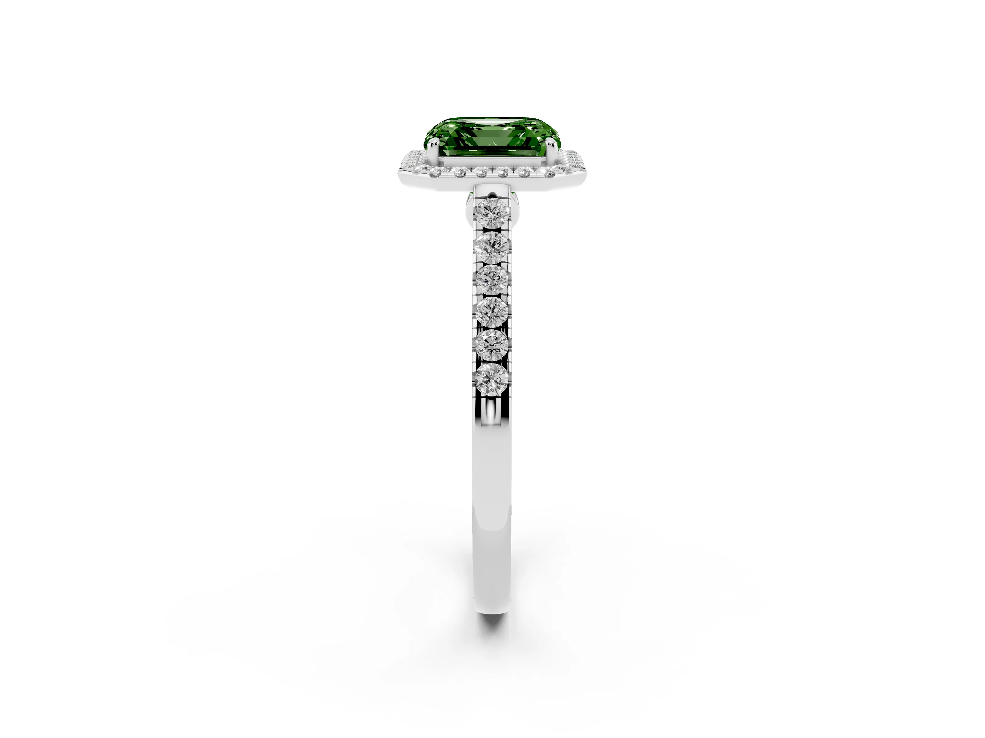 Fancy Green Asscher Cut Diamond Halo Pavé Engagement Ring Set in White gold with Prong Setting