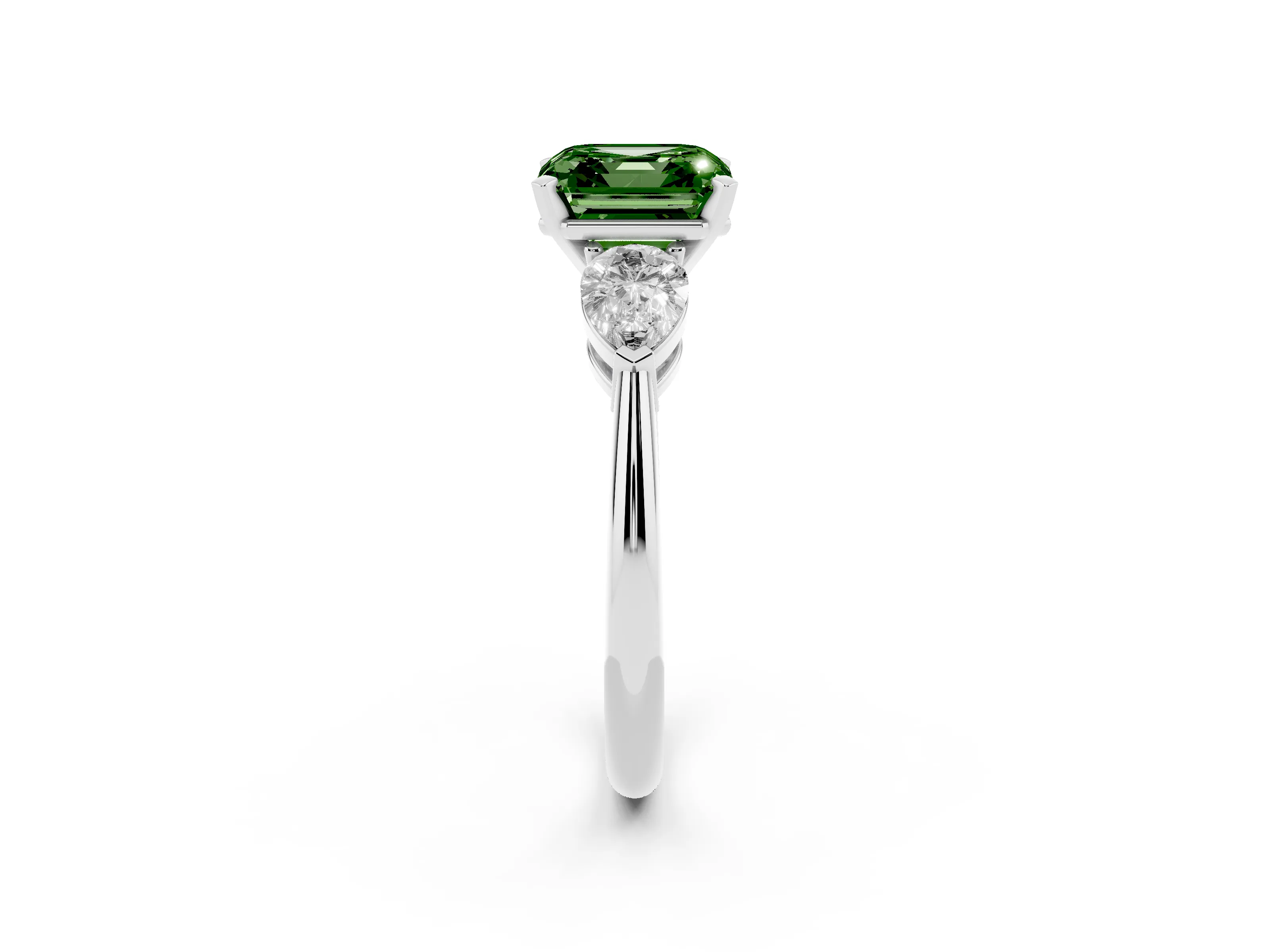 Fancy Green Three-Stone Asscher Cut Diamond Ring Set in Silver with Pear Side Stones and Prong Setting