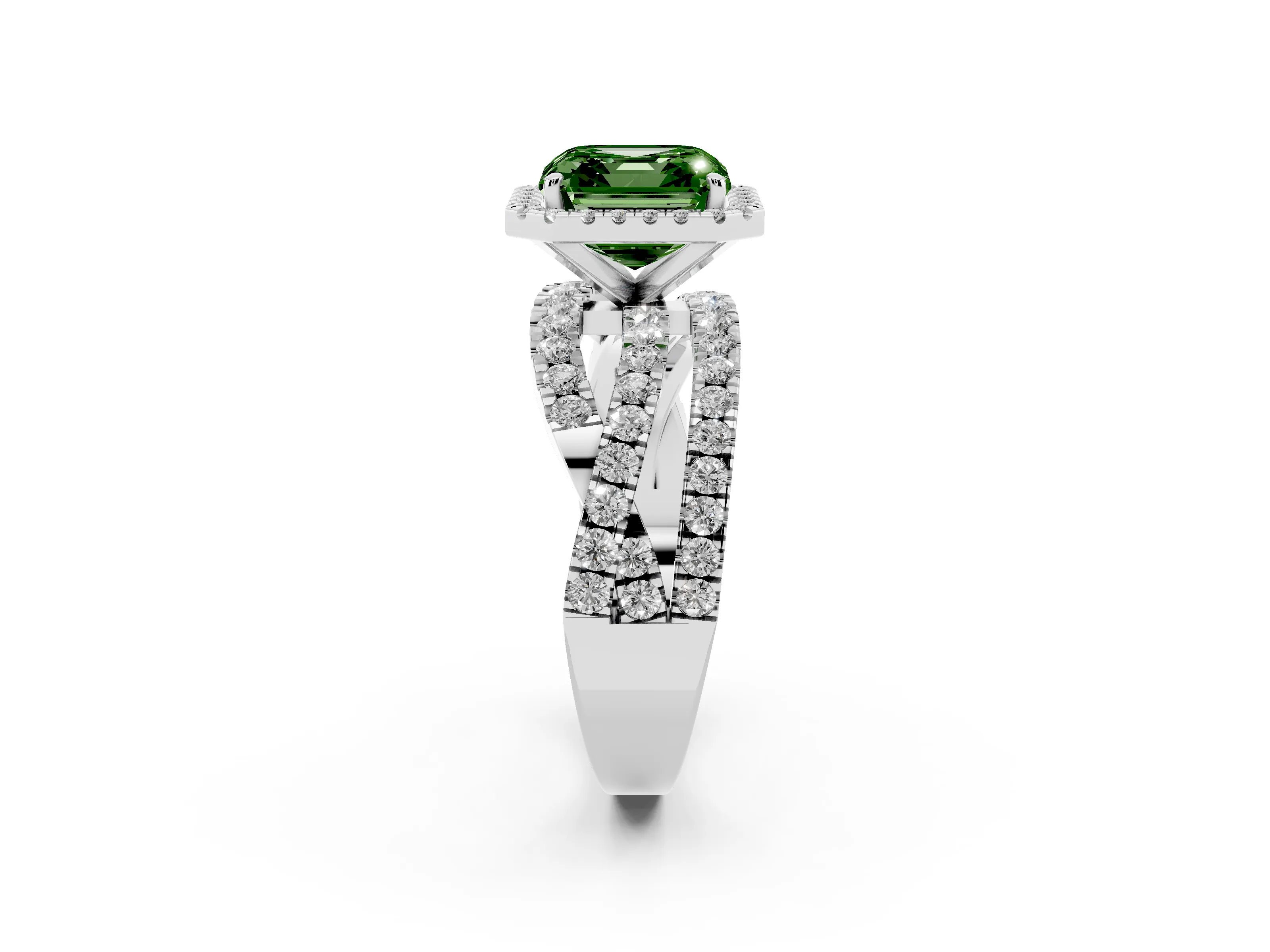 Fancy Green Asscher Cut Diamond Halo Ring Set in White gold with Round Crossover Split Shank and Prong Setting