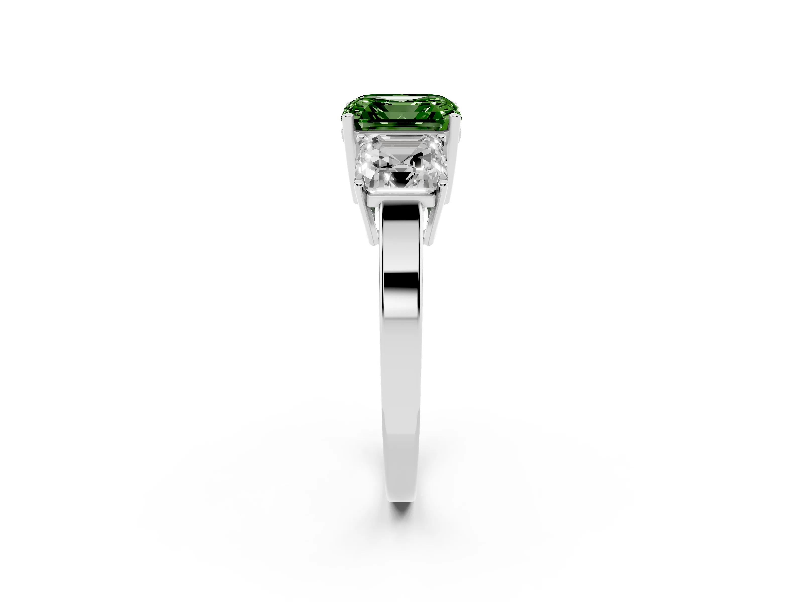 Fancy Green Asscher Cut Diamond Three-Stone Engagement Ring Set in White gold with Flat Band