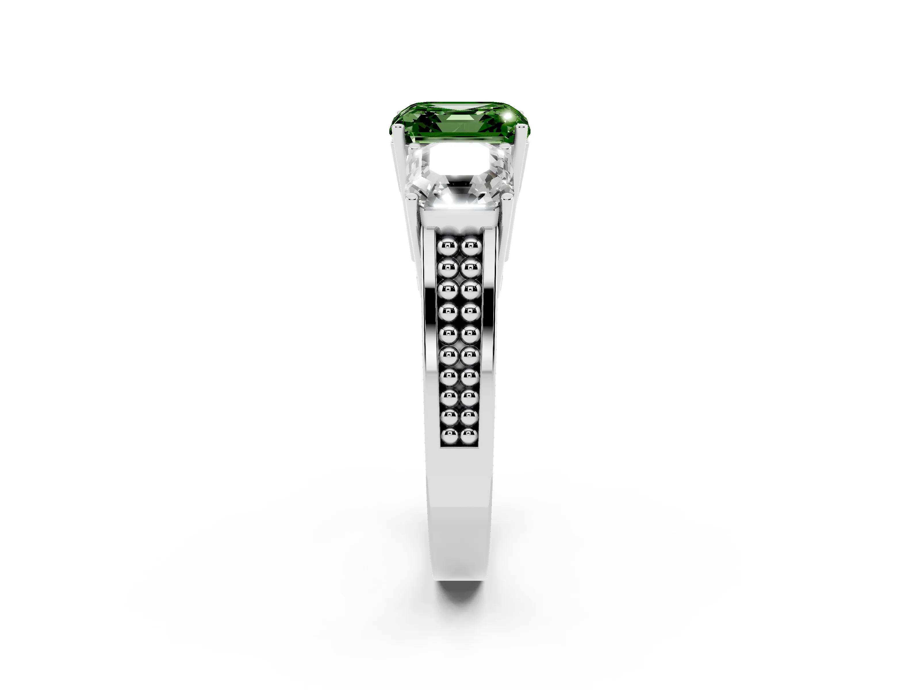Fancy Green Asscher Cut Diamond Three-Stone Ring Set in White gold with Textured Band