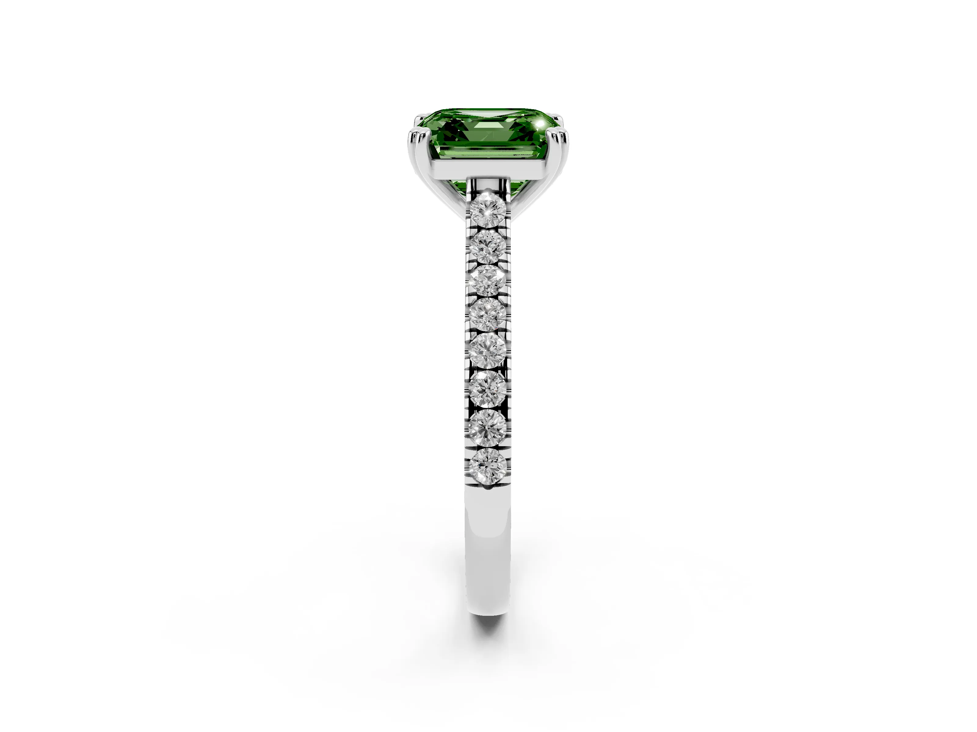 Fancy Green Asscher Cut Diamond Solitaire Engagement Ring Set in Platinum with Pavé Accents and Prong Setting