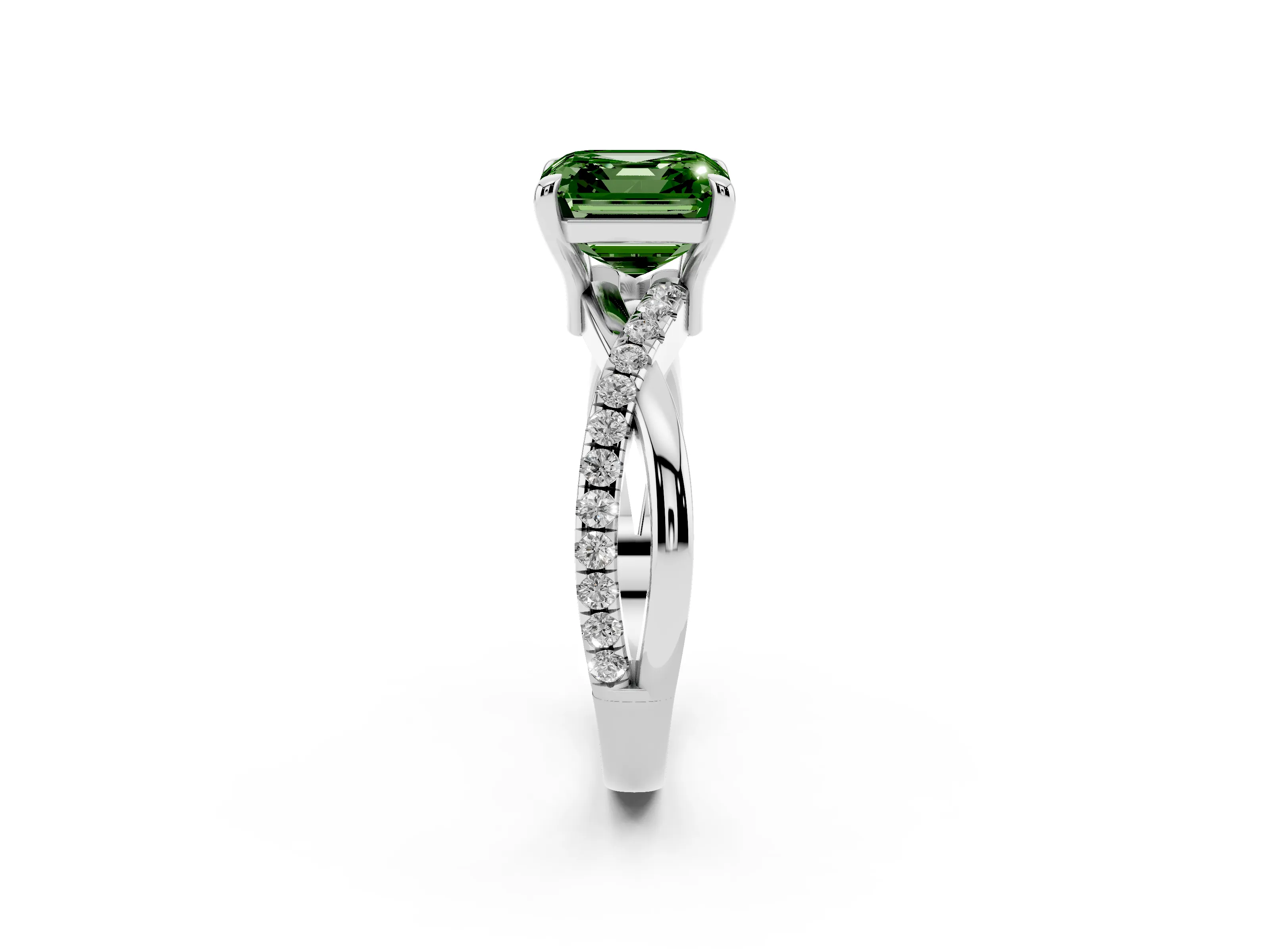 Fancy Green Asscher Cut Diamond Twist Band Pavé Solitaire Ring Set in White gold with Prong Setting