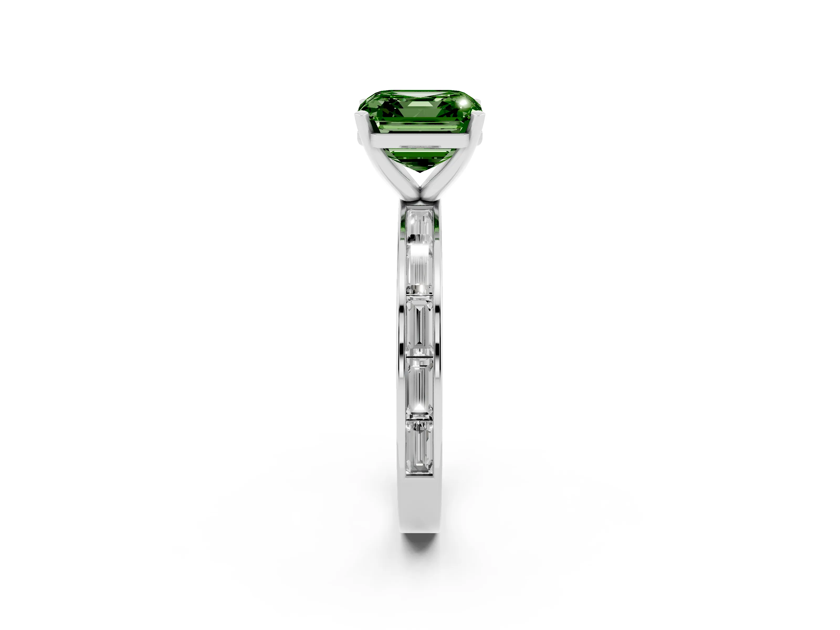 Fancy Green Asscher Cut Diamond Solitaire Ring Set in White gold with Channel-Set Baguette Band and Prong Setting