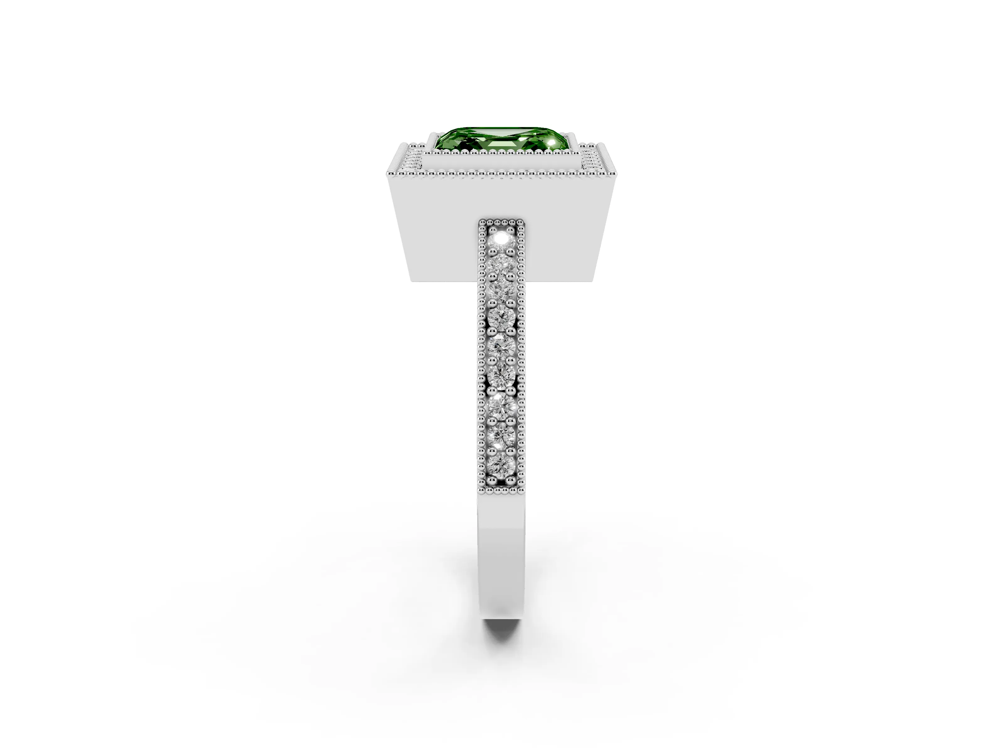 Fancy Green Asscher Cut Diamond Halo Engagement Ring Set in White gold with Pavé Band and Round Halo Stones
