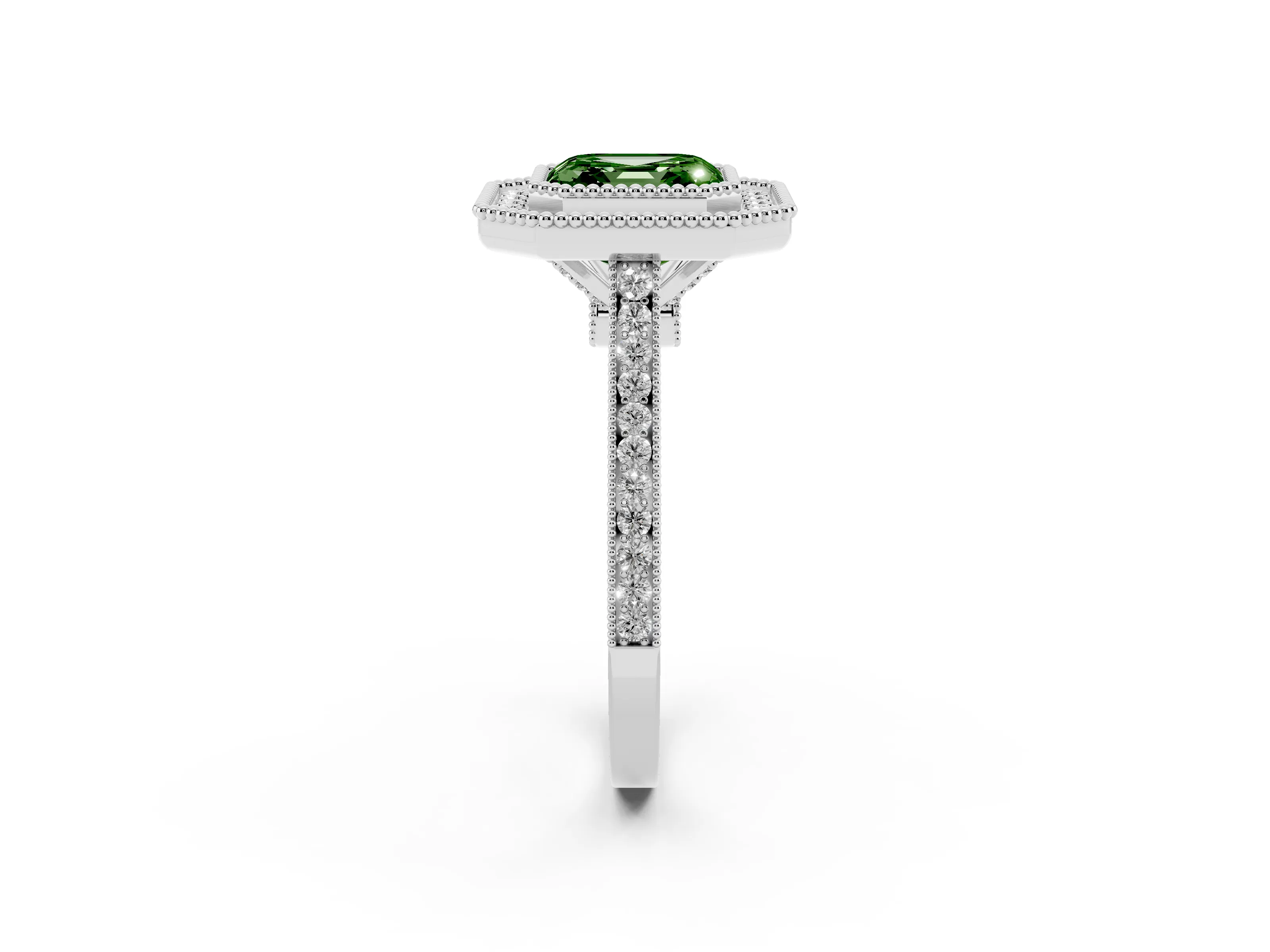 Fancy Green Asscher Cut Diamond Halo Ring Set in White gold with Milgrain Frame and Pavé Band