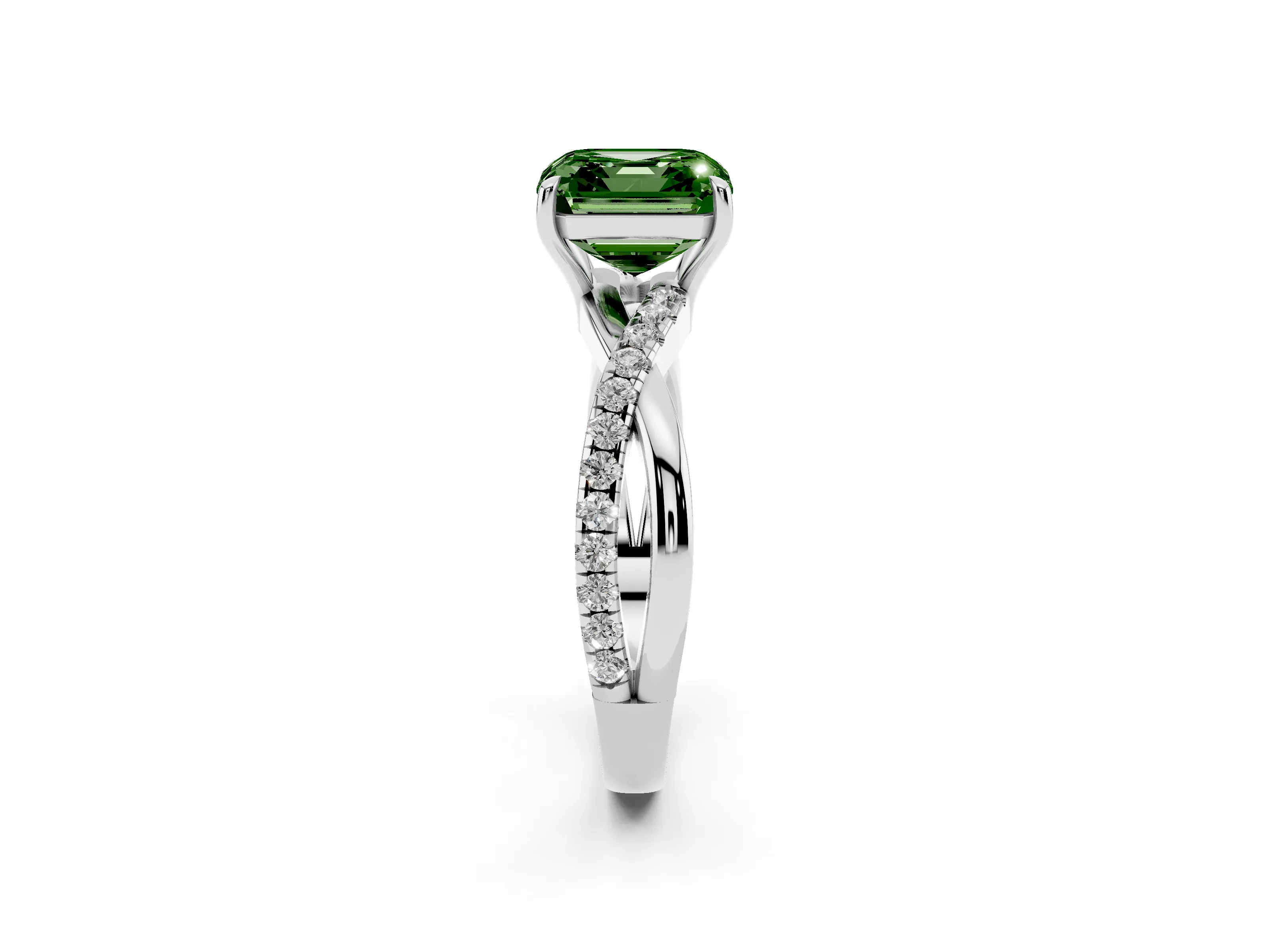 Fancy Green Asscher Cut Diamond Twisted Pavé Band Ring Set in Silver with Prong Setting
