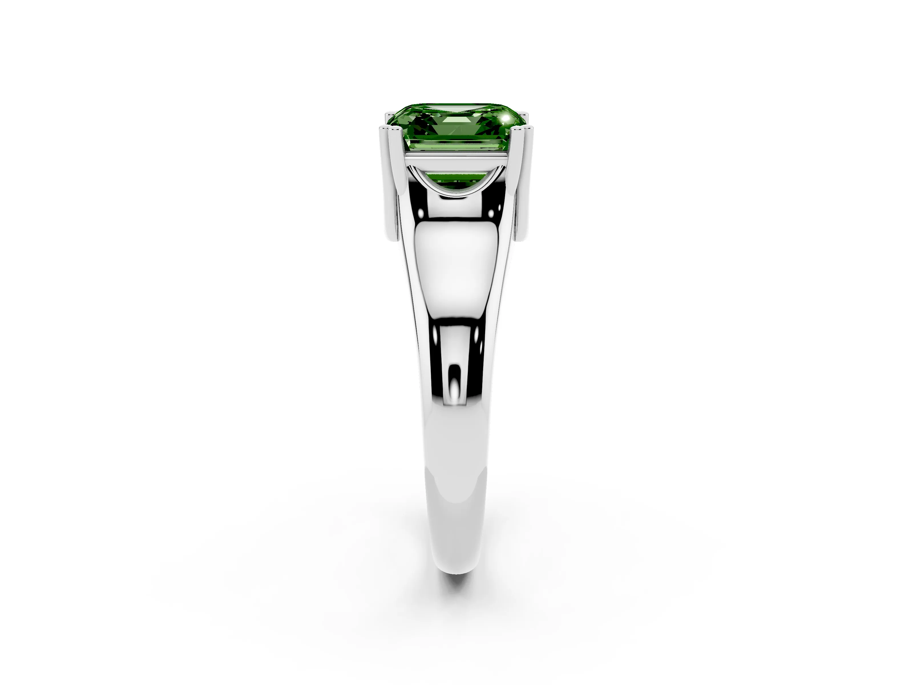 Fancy Green Asscher Cut Diamond Solitaire Ring Set in White gold with Wide Band and Prong Setting
