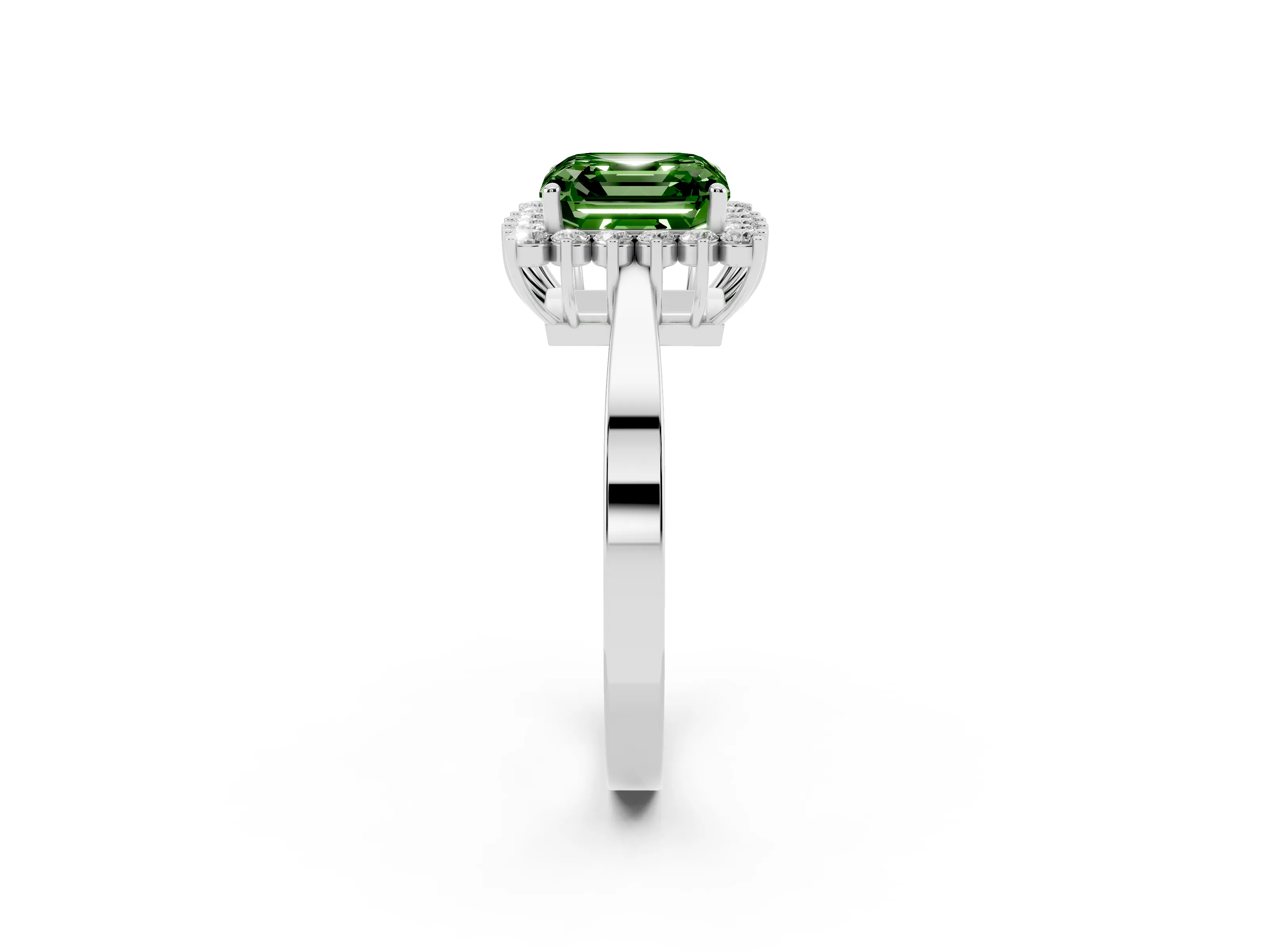 Fancy Green Asscher Cut Diamond Halo Ring Set in White gold with Round Halo and Smooth Solitaire Band