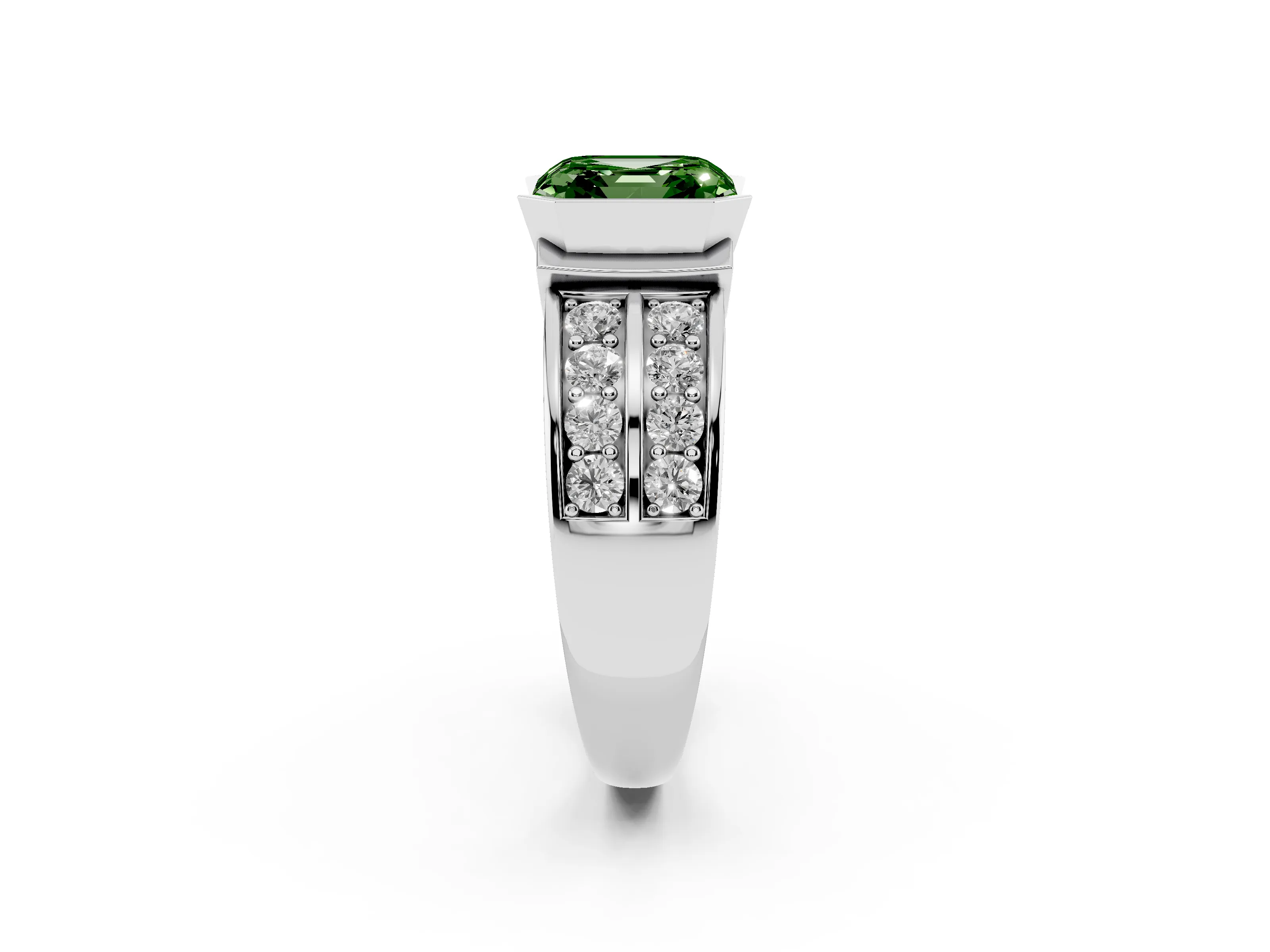 Fancy Green Asscher Cut Diamond Wide Channel Set Band Ring Set in Platinum with Bezel Setting