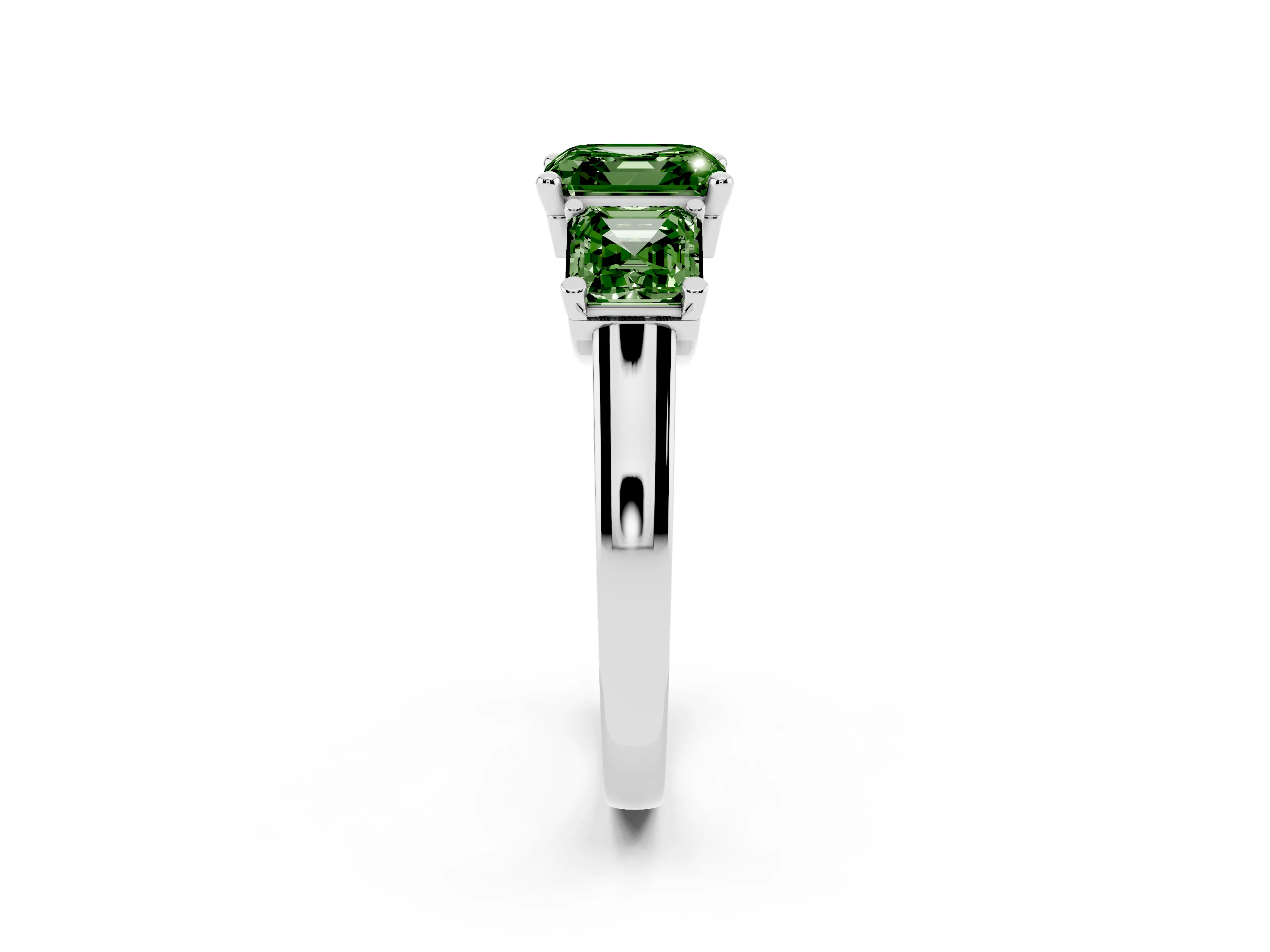 Fancy Green Asscher Cut Diamond Three-Stone Trellis Ring Set in White gold with Comfort Fit Band