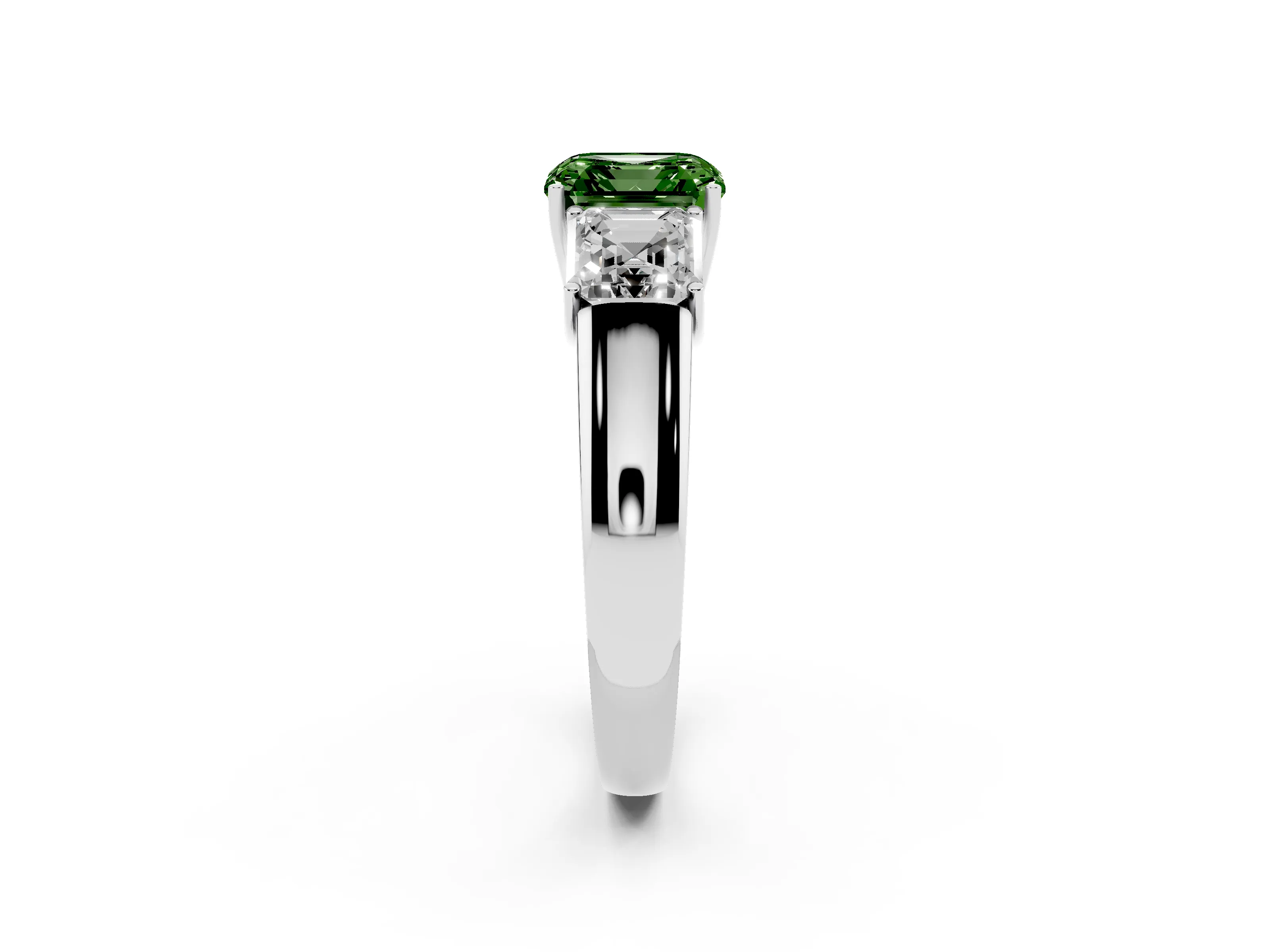 Fancy Green Three-Stone Asscher Cut Diamond Ring Set in White gold with Matching Prong Settings and Plain Band