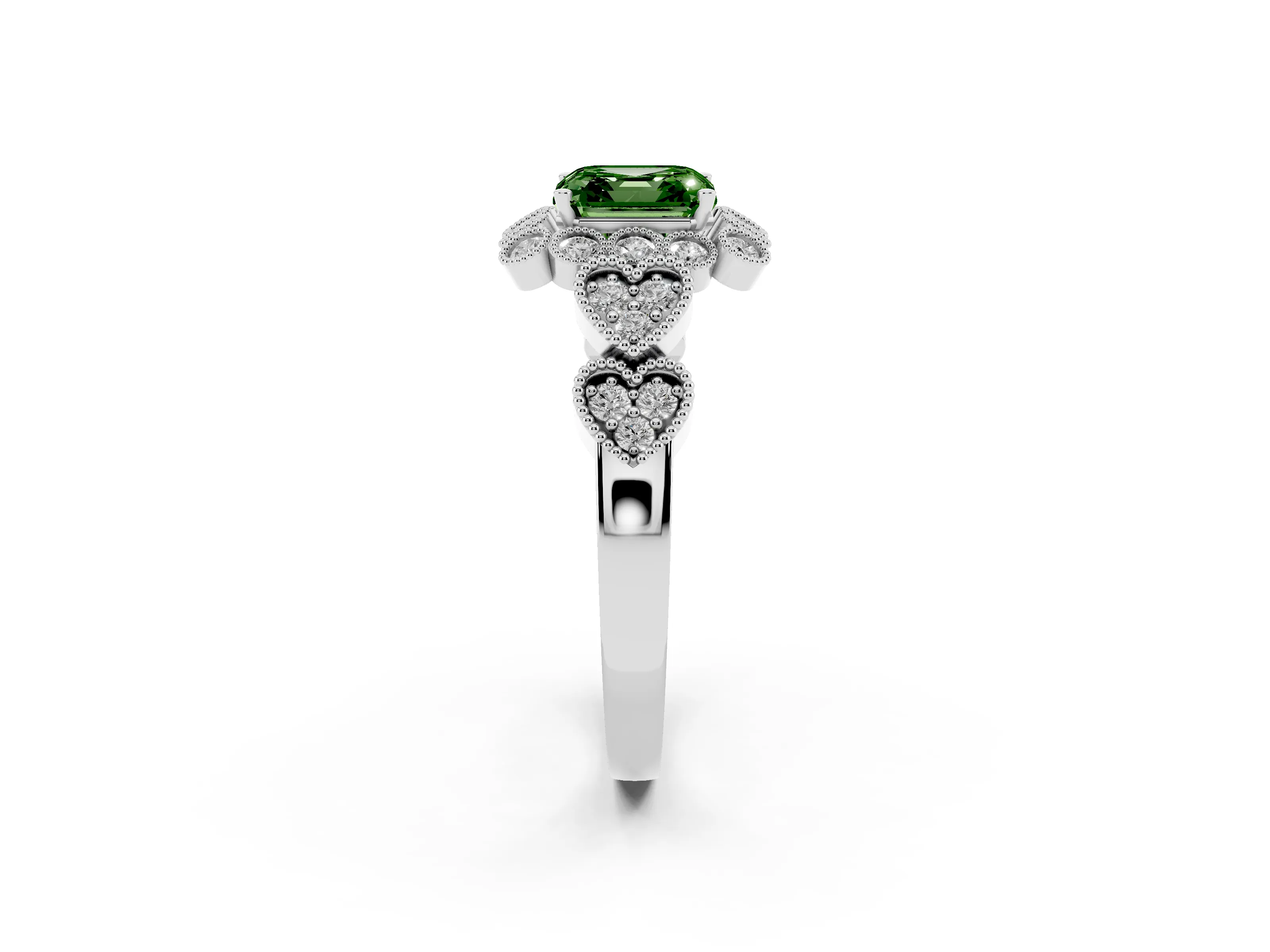 Fancy Green Asscher Cut Diamond Solitaire Ring Set in Platinum with Milgrain Pavé Heart Band