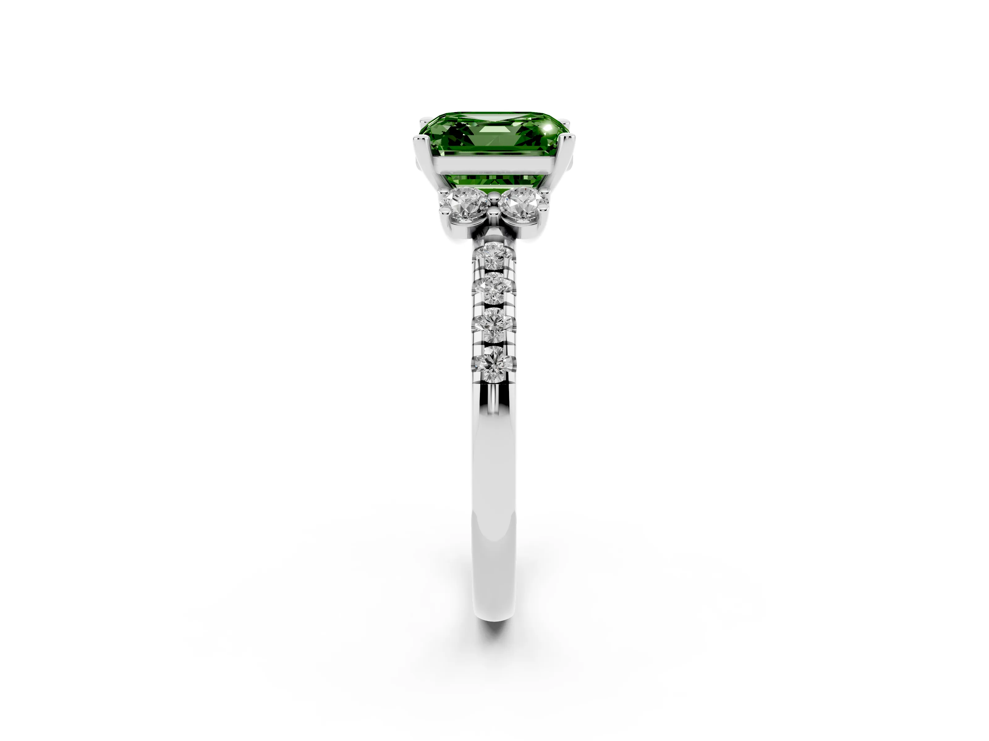 Fancy Green Asscher Cut Diamond Three-Stone Pavé Ring Set in Platinum with Prong Setting