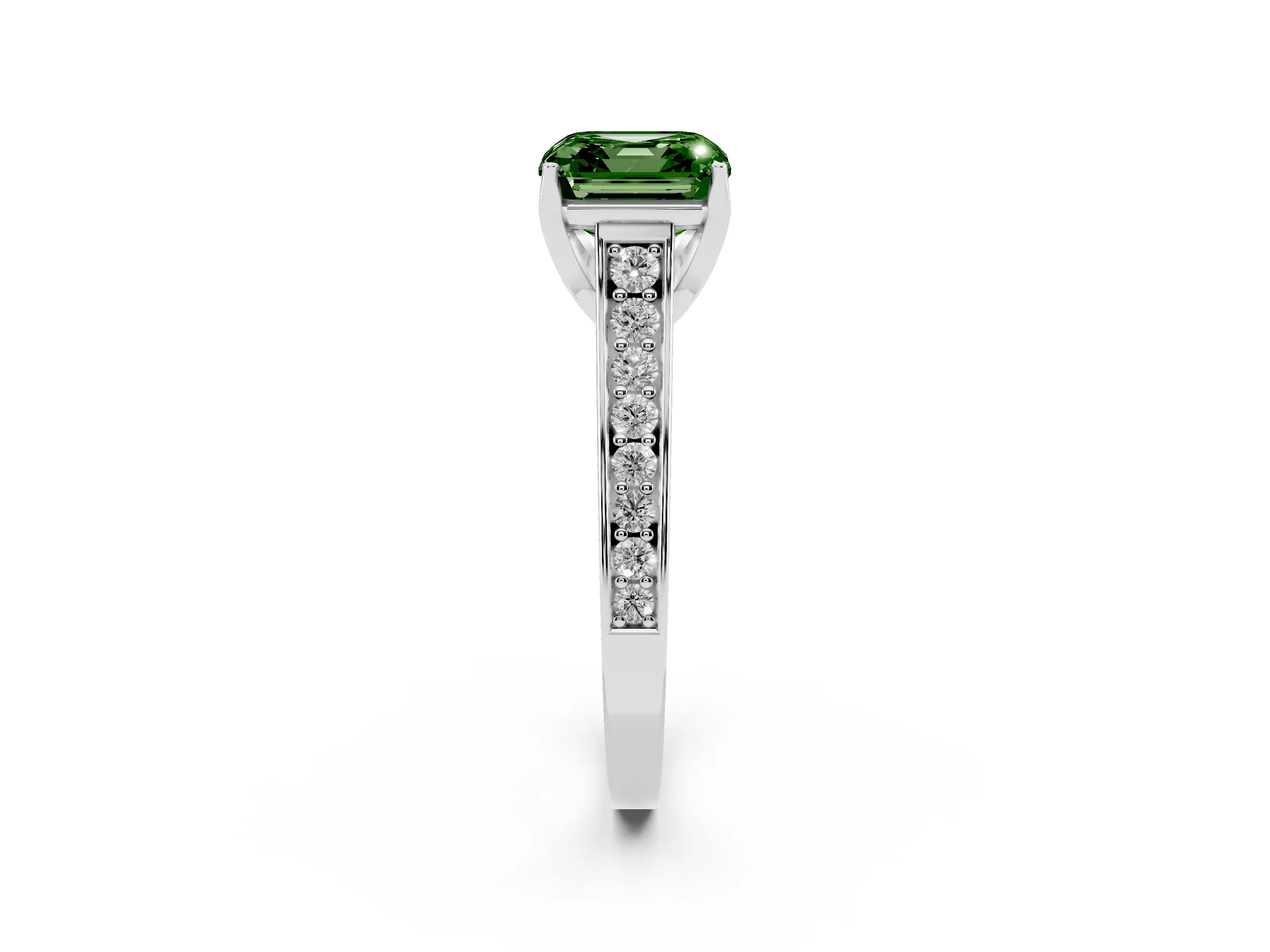 Fancy Green Asscher Cut Diamond Solitaire Pavé Engagement Ring Set in White gold with Prong Setting