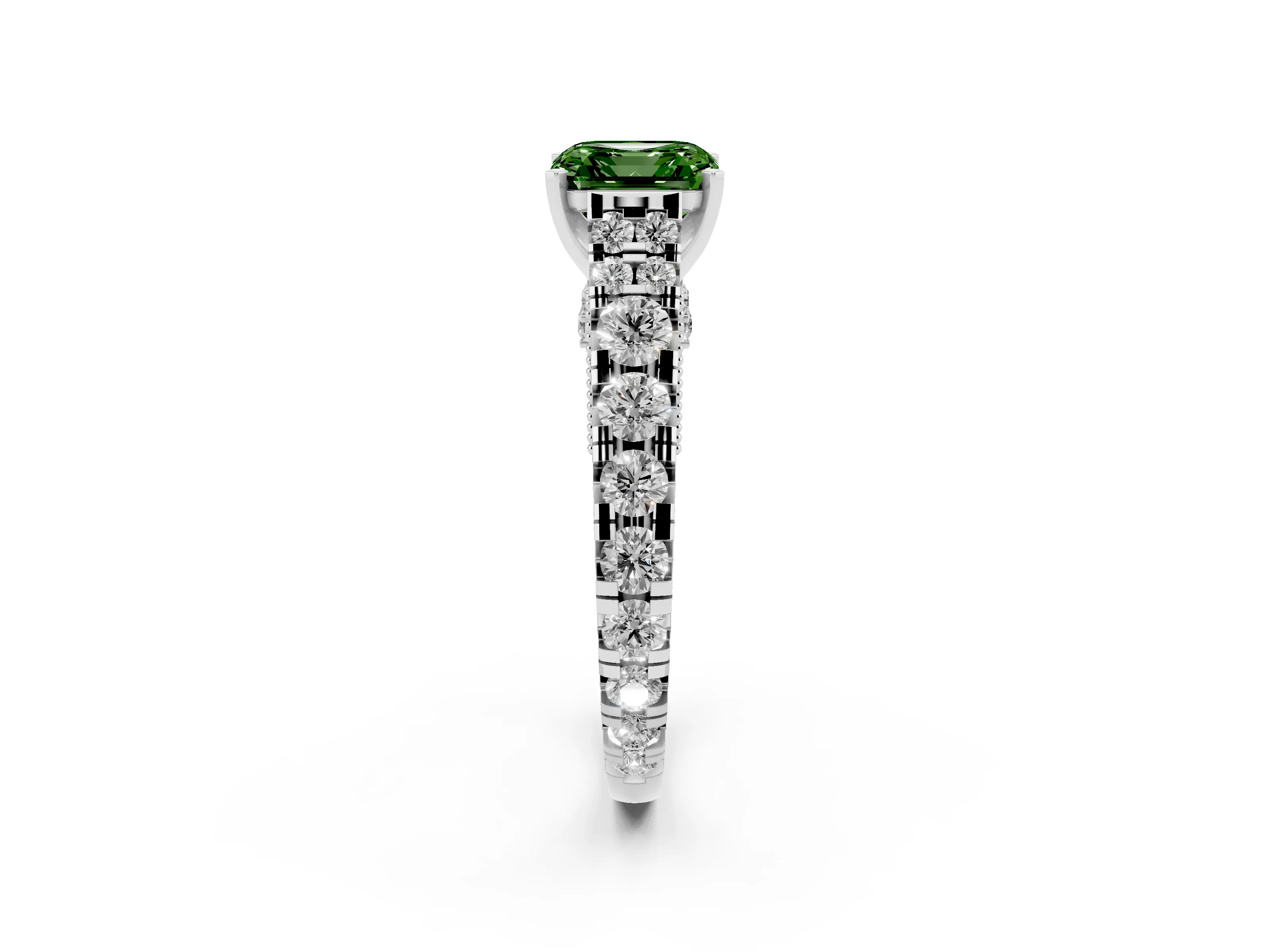 Fancy Green Asscher Cut Diamond Classic Solitaire Ring Set in White gold with Pavé Band and Prong Setting