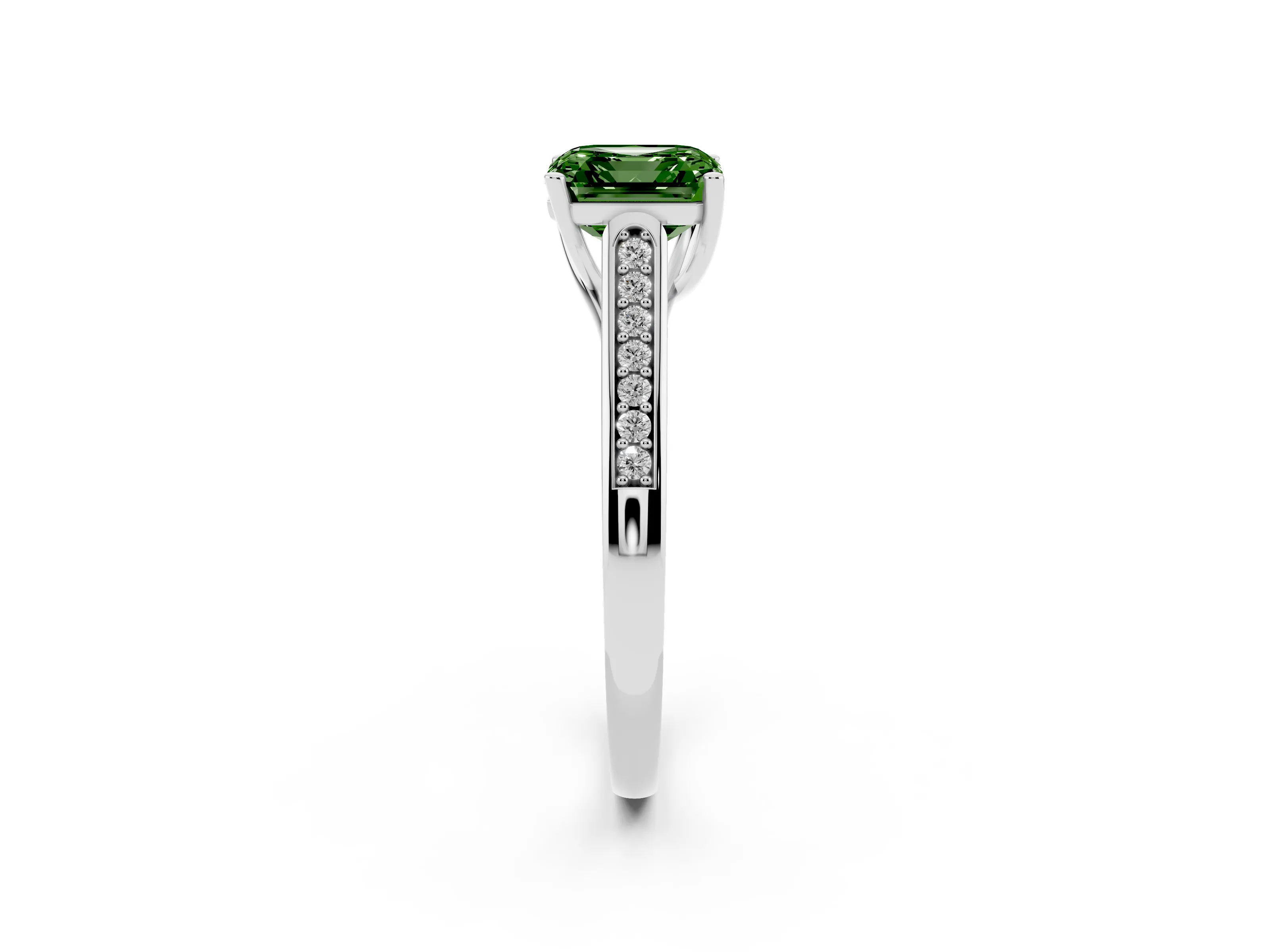 Fancy Green Asscher Cut Diamond Solitaire Cathedral Engagement Ring Set in White gold with Channel-Set Band and Prong Setting