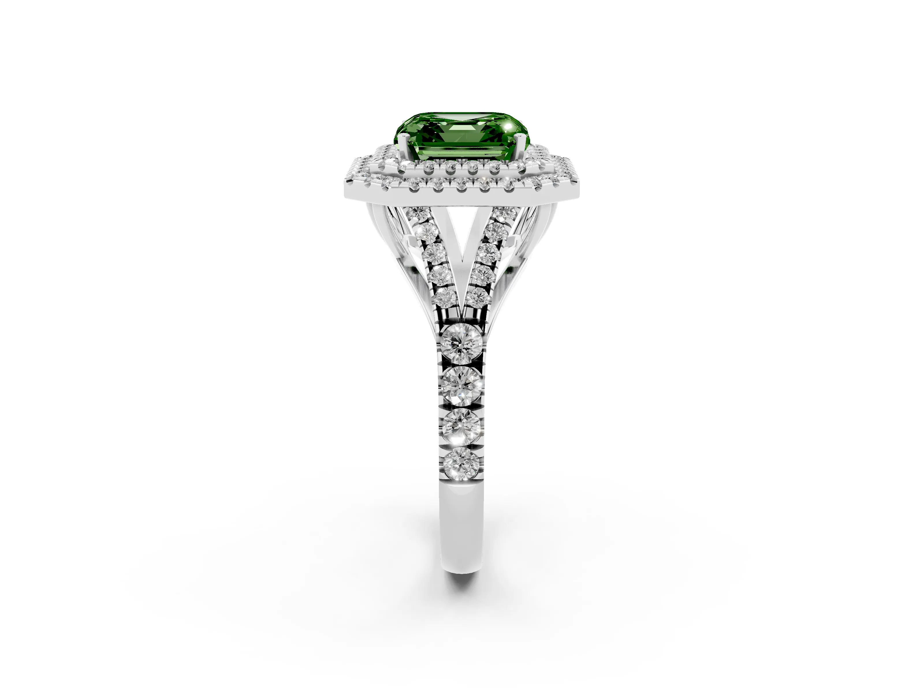 Fancy Green Asscher Cut Diamond Pavé Split Shank Double Halo Engagement Ring Set in White gold